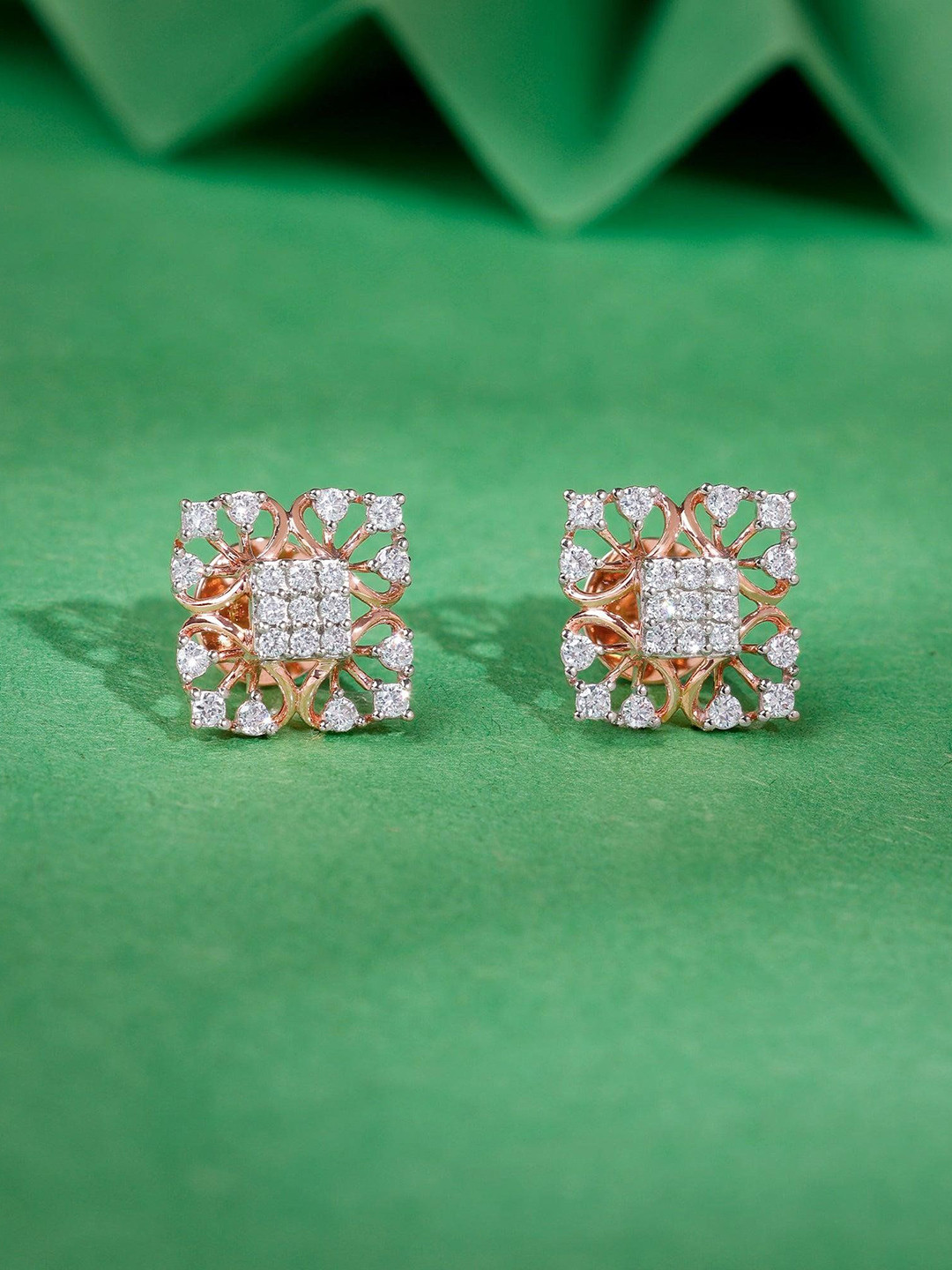 GIVA 14Kt Rose Gold Damask Lab Grown Stud Earrings Diamond-2.46 gms