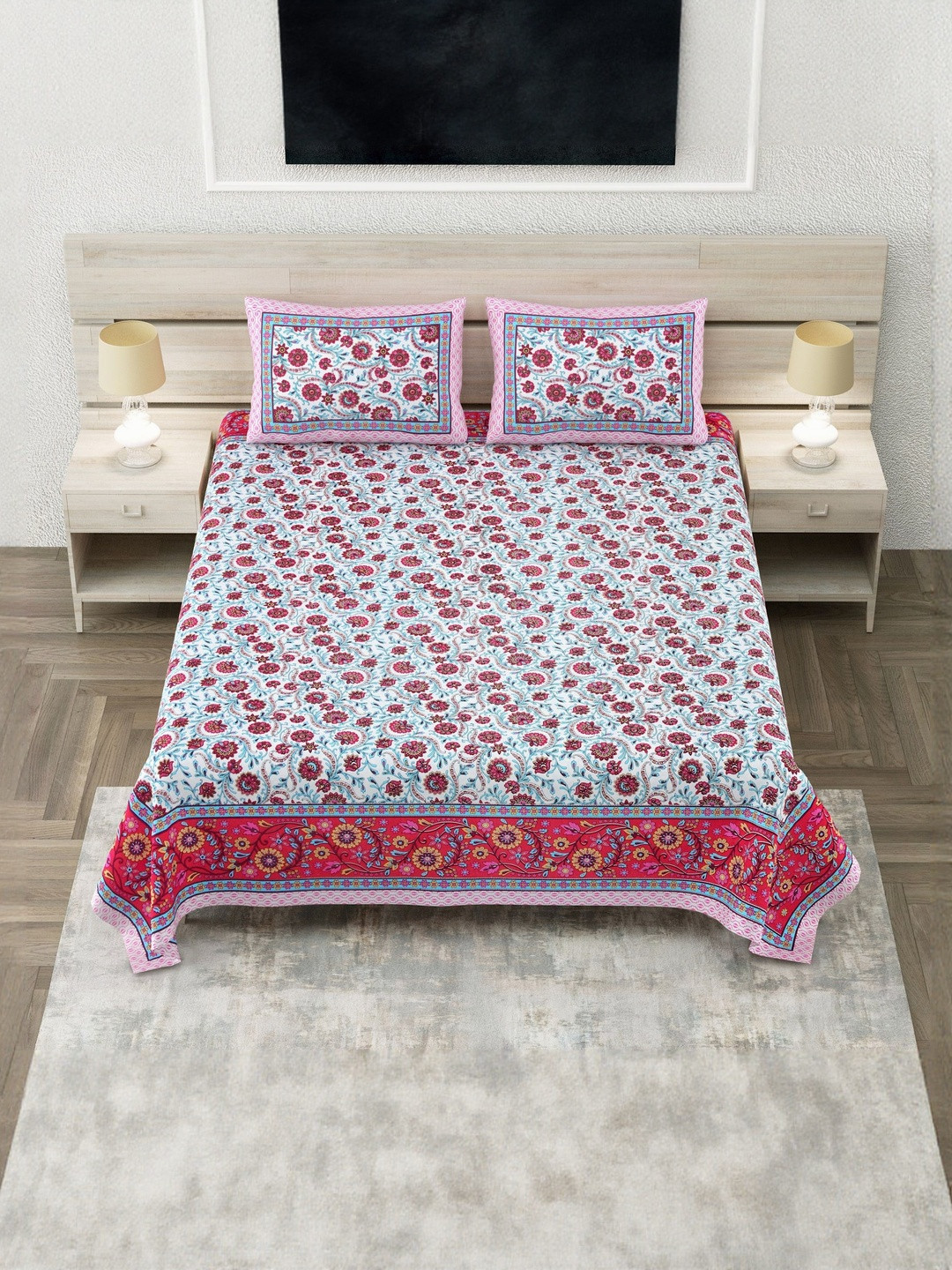 SP DESIGNS Pink & White Floral Pure Cotton 240 TC Super King Bedsheet Set-2.74 m X 2.74 m