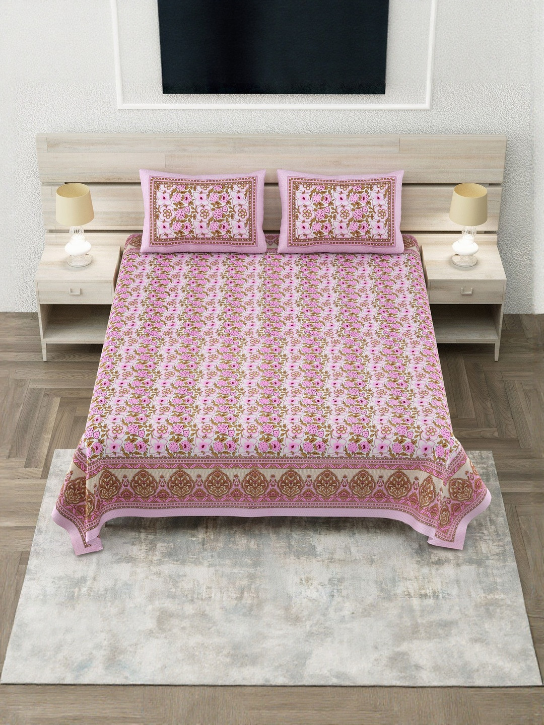 SP DESIGNS White & Pink Floral Pure Cotton 240 TC Super King Bedsheet Set-2.74 m X 2.74 m