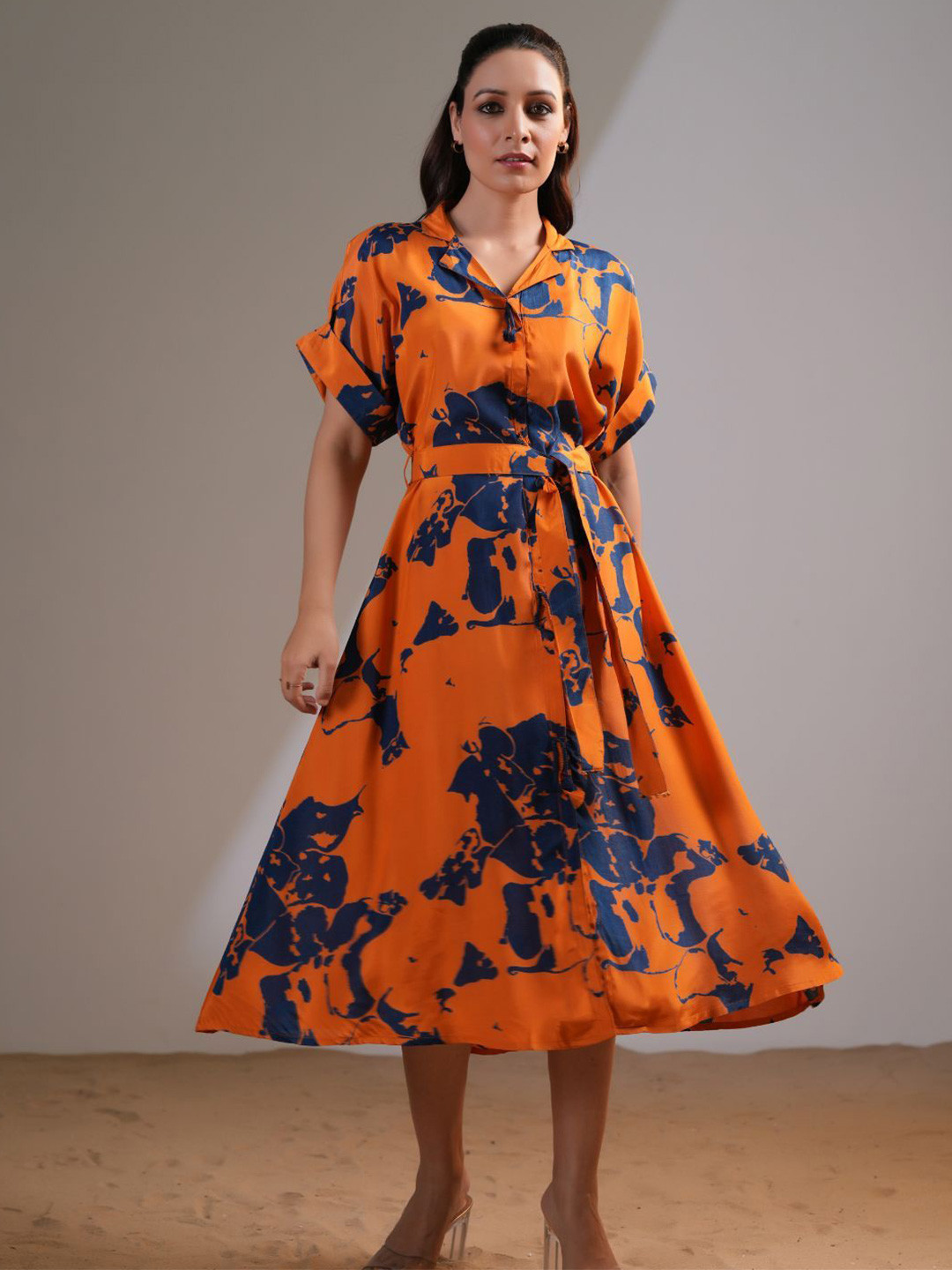 Kaftanize Women Orange & Navy Blue Abstract Floral Midi Dress in Russian Silk