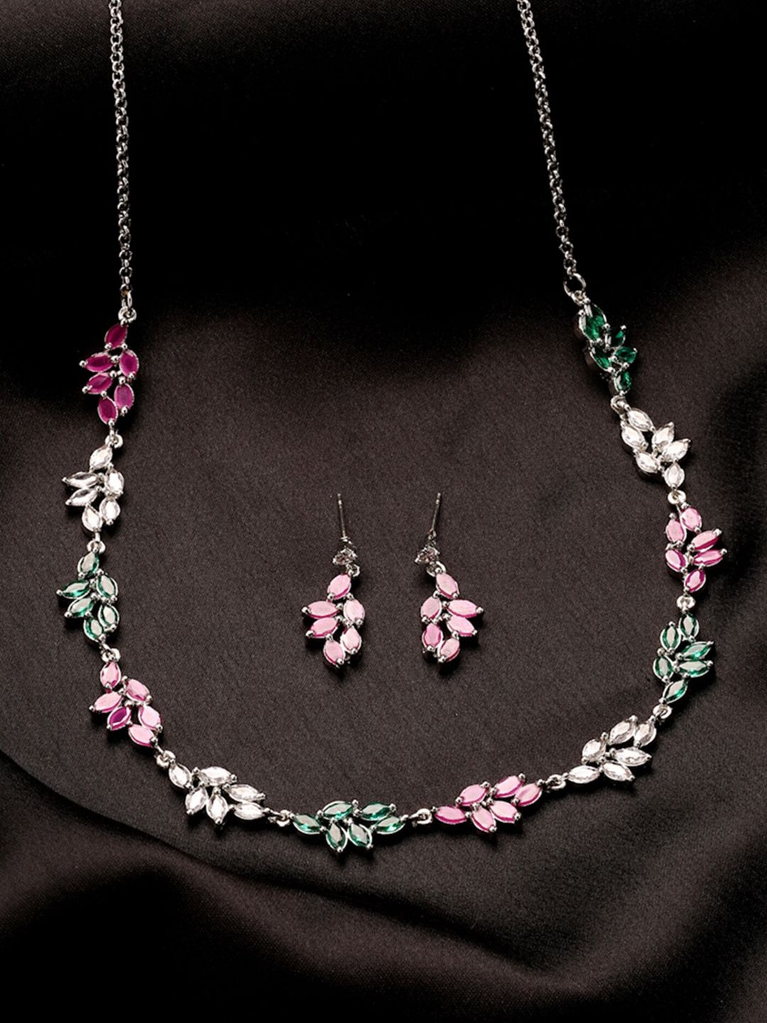 Estele Rhodium-Plated American Diamond Stone Studded Jewellery Set