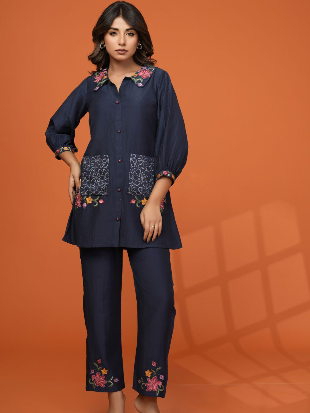 Kaftanize Women Navy Blue Embroidered Shirt With Trousers Co-Ords