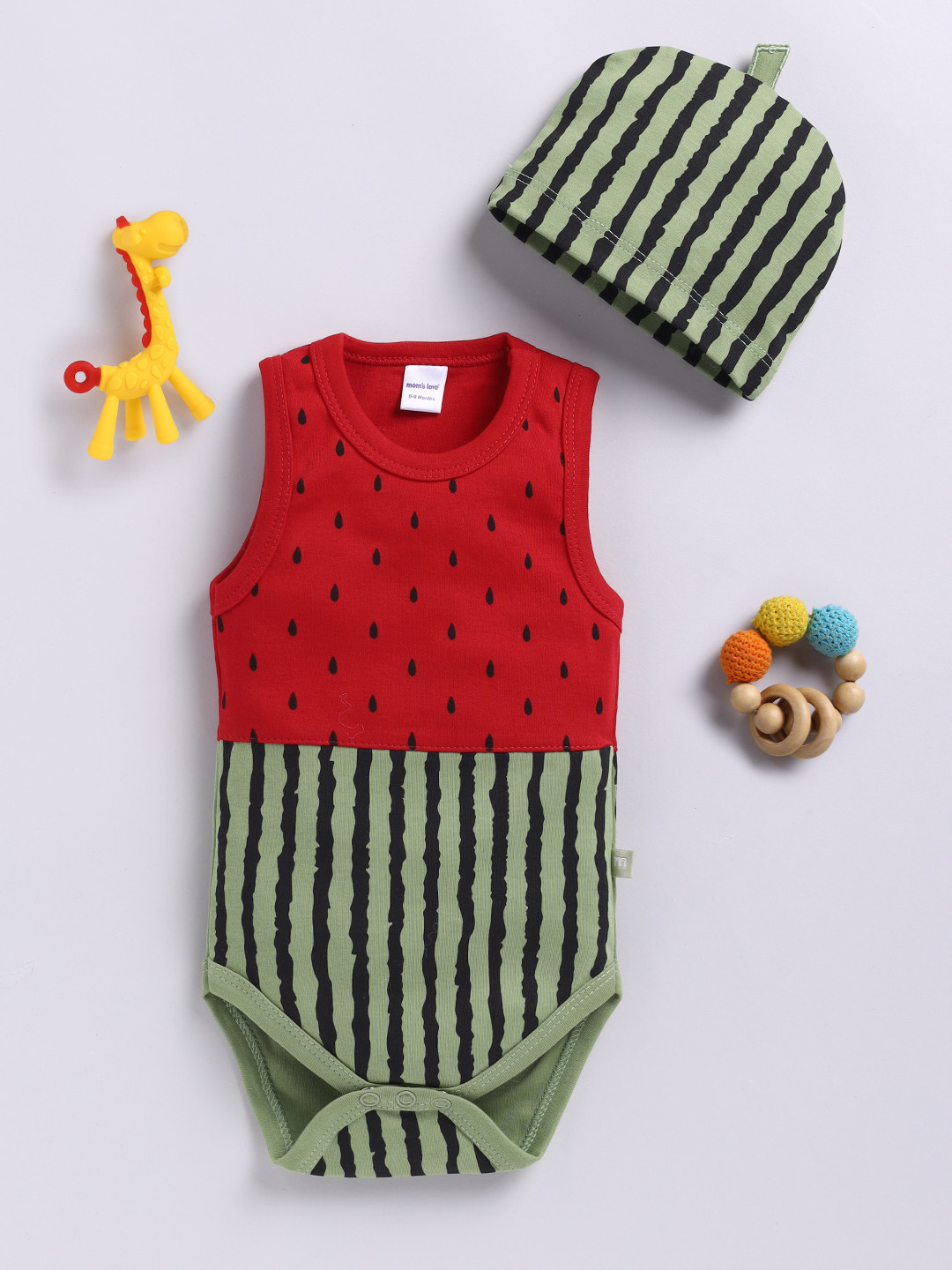 Moms Love Infant Boys Printed Watermelon Pure Cotton Bodysuit Comes with a Cap