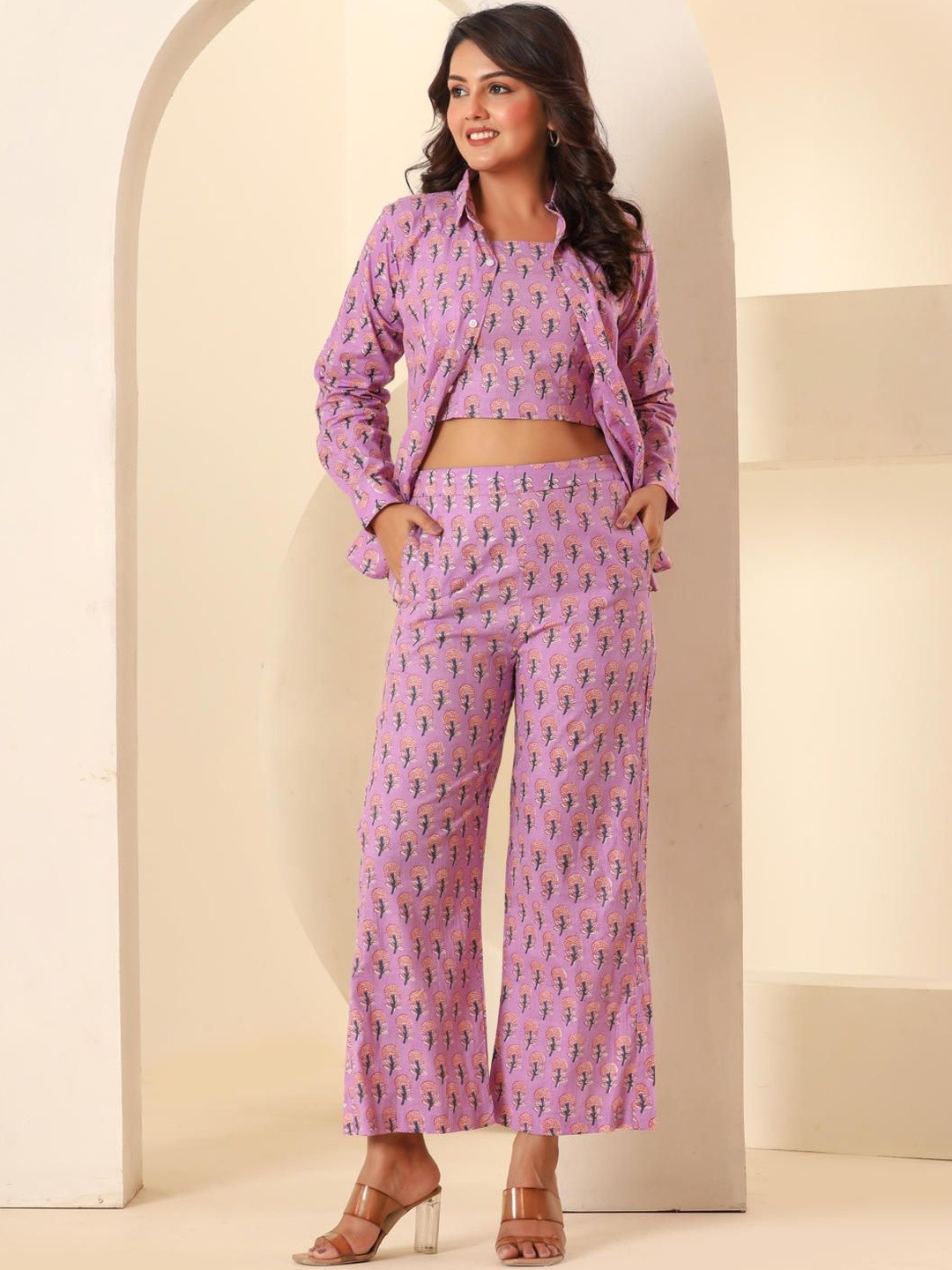 Sol Studio Floral Printed Pure Cotton Shirt With Trousers & Crop Top