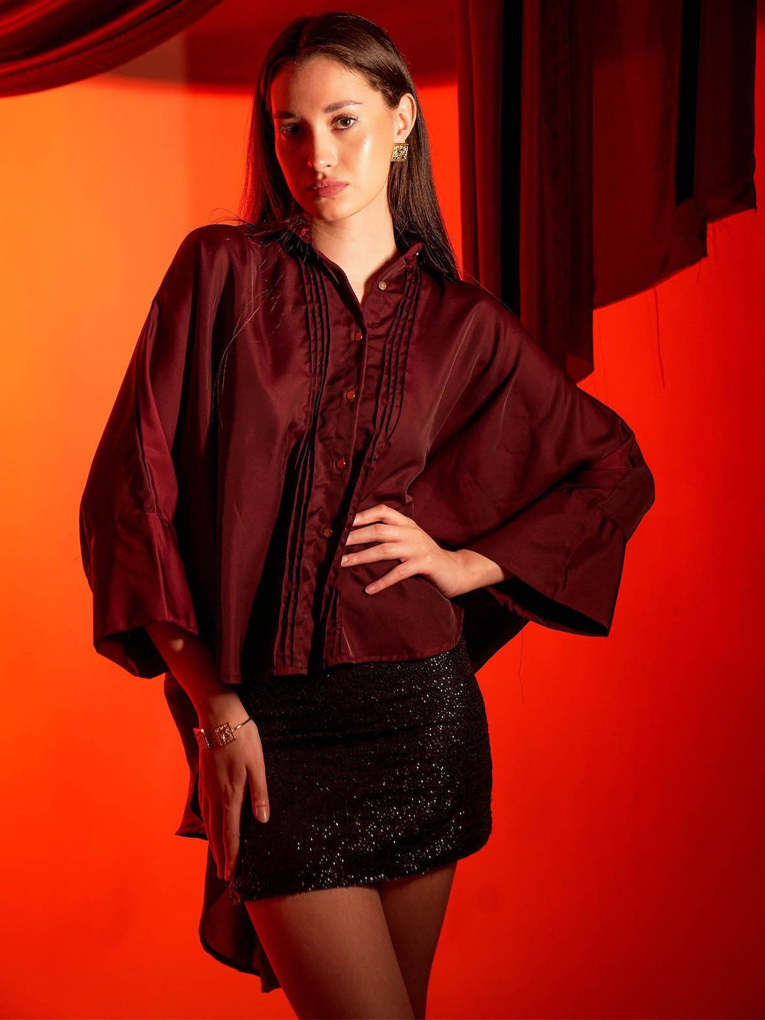 Ashtag Regal Relaxed Band Collar Wrinkle Free Drape Satin Party Shirt