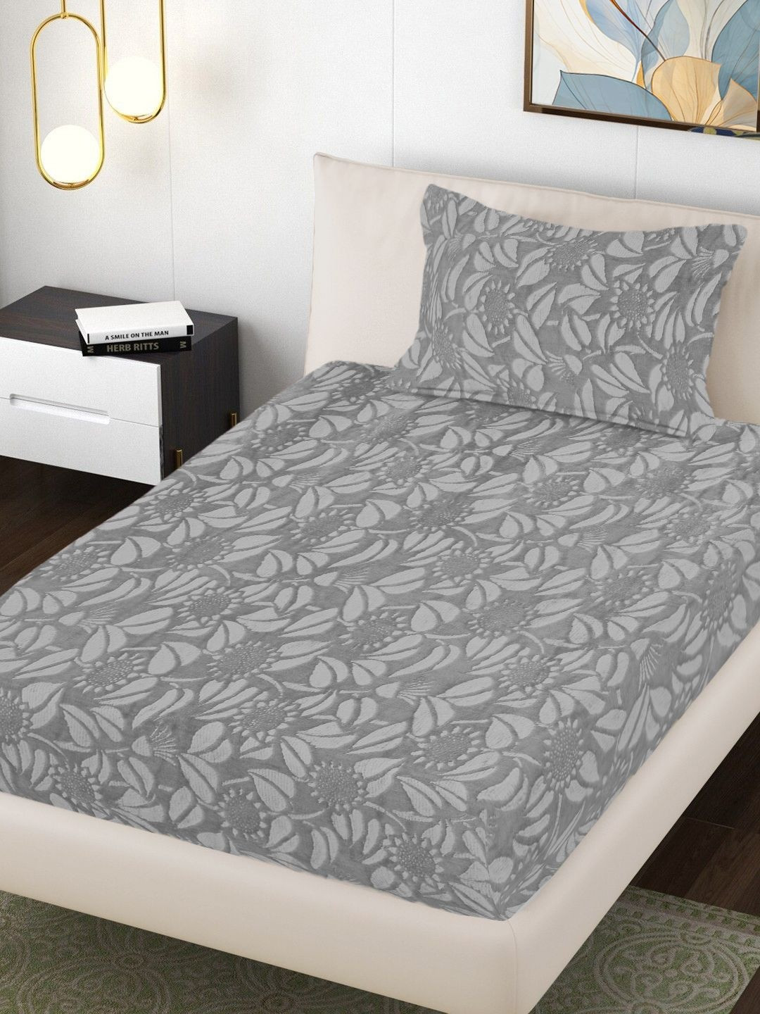 FABINALIV Grey & White Floral Woollen 300 TC Single Bedsheet Set-2.25 m X 1.50 m