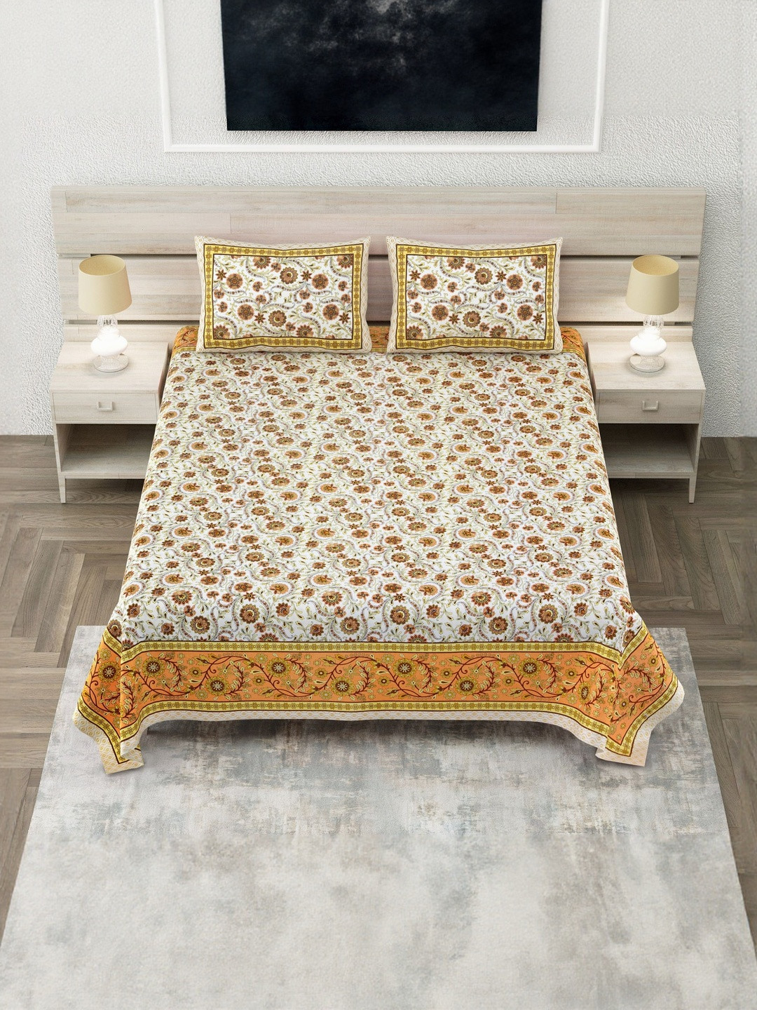 SP DESIGNS White & Yellow Floral Pure Cotton 240 TC Super King Bedsheet Set-2.74m X 2.74m