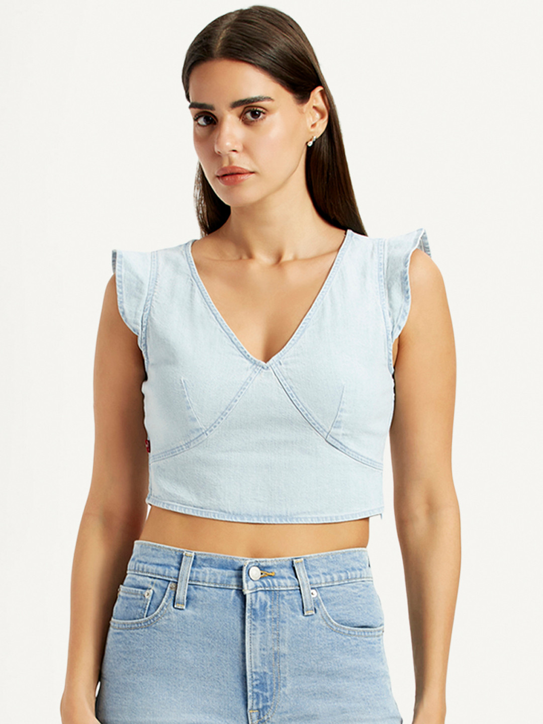 Levis V-Neck Cap Sleeves Pure Cotton Denim Crop Top