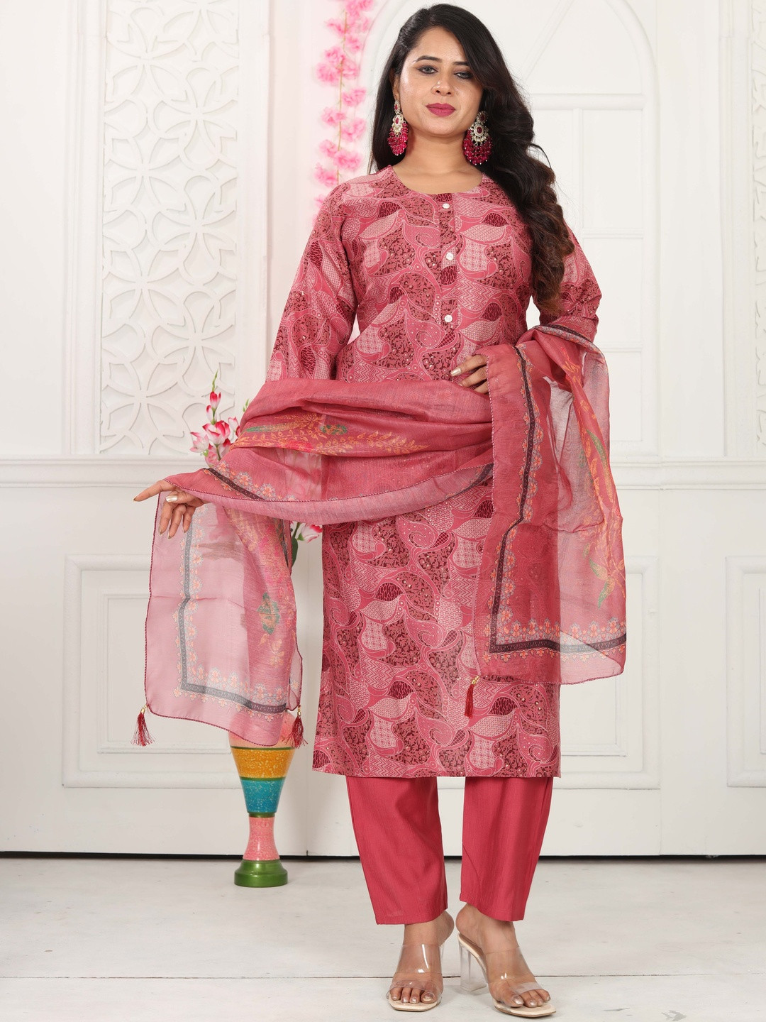 Floral Embroidered Linen Straight Kurta With Trousers & Dupatta