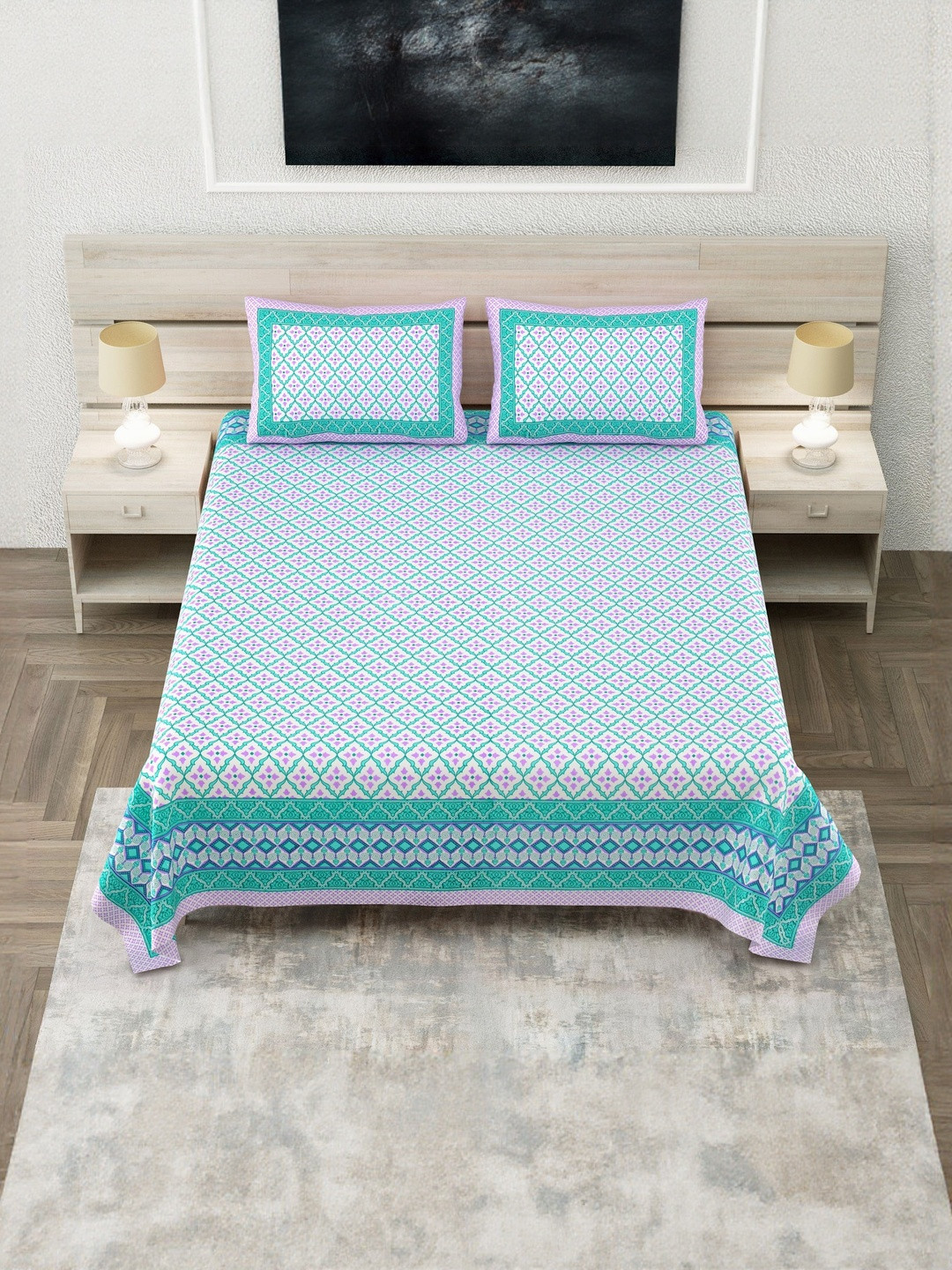 SP DESIGNS Green & Violet Floral Pure Cotton 240 TC Super King Bedsheet Set-2.74mX2.74m
