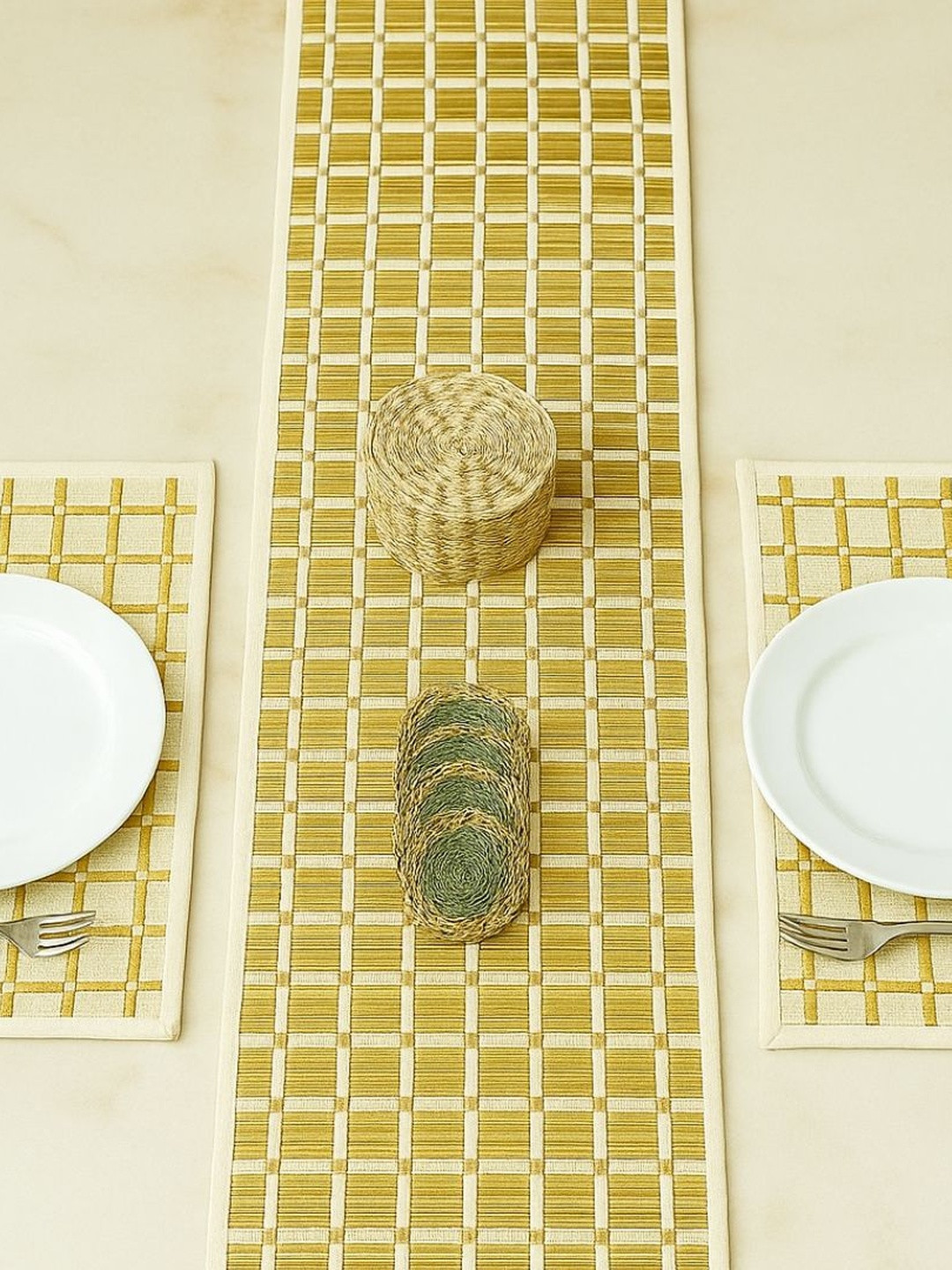 Attica Tracery 7 Pieces Beige & Off-White Textured Table Linen Set