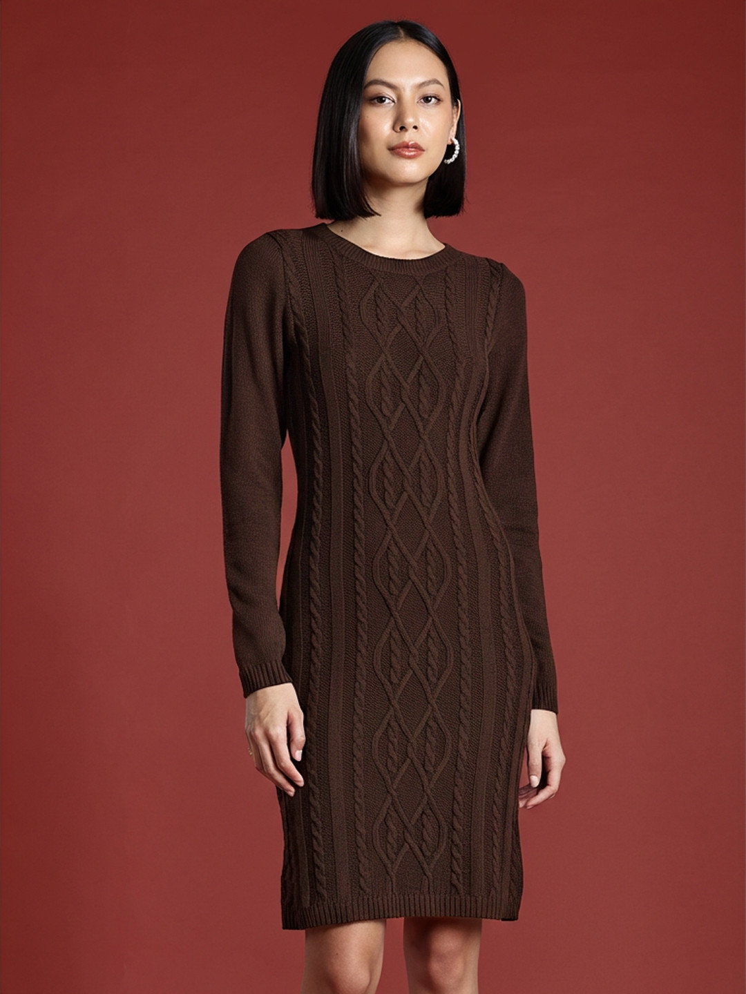 all about you Cable Knit Self Design Round Neck Above Knee Dress