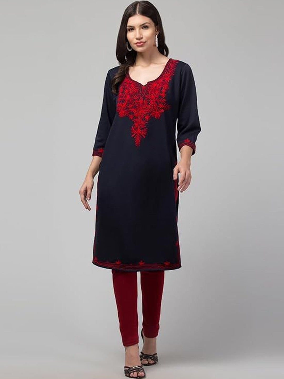 TRENDY ERA Floral Yoke Design Notch Neck Chikankari Woollen Straight Kurta