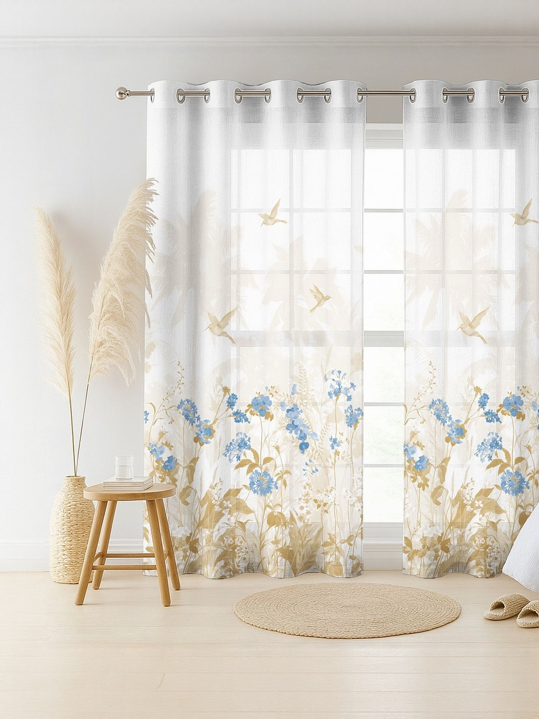 CASABLEU Coastal Premium Set of 2 Floral Printed Sheer Door Curtain