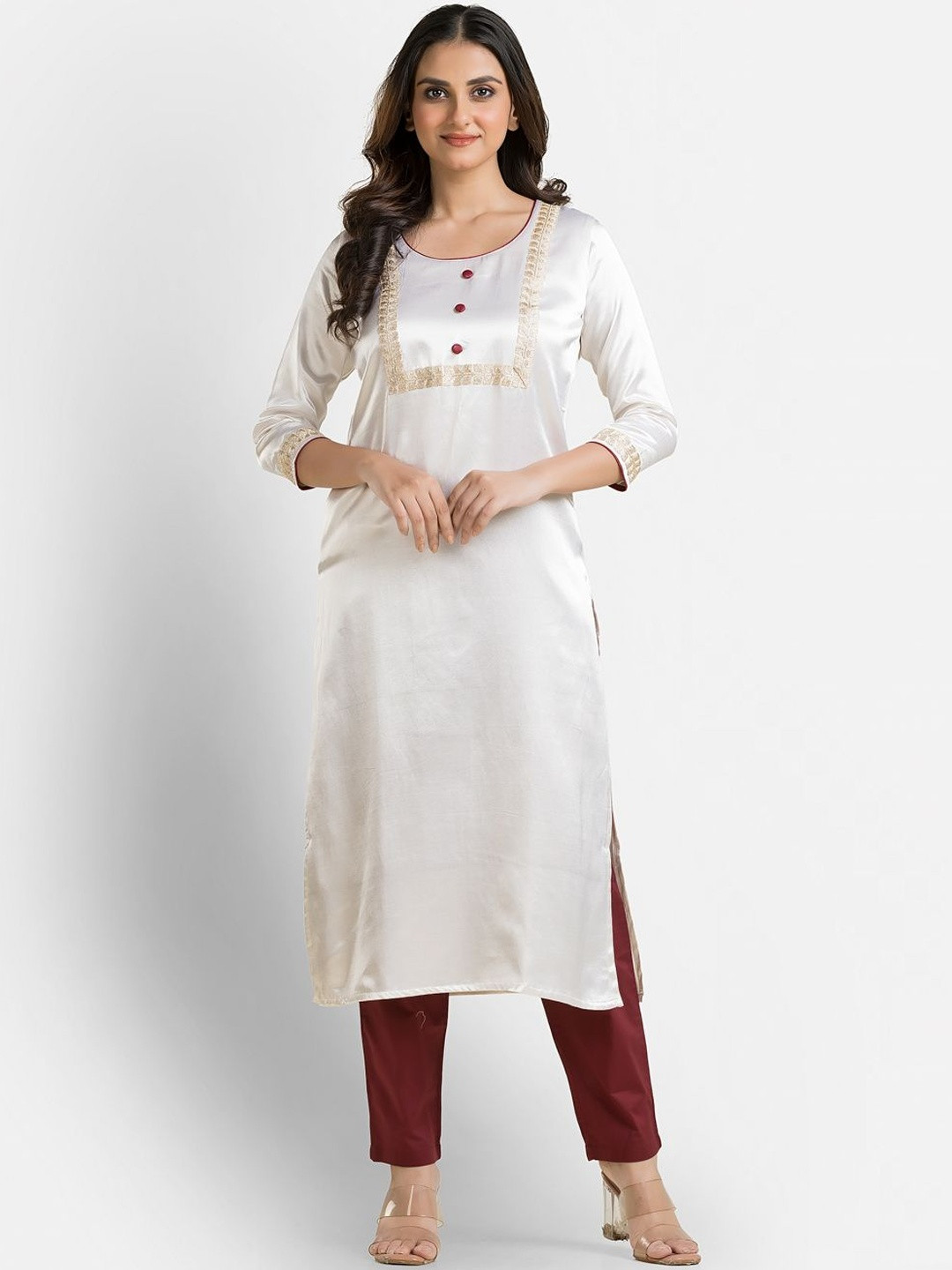Crazy Needle Ethnic Motifs Yoke Design Patchwork Pure Silk Straight Kurta