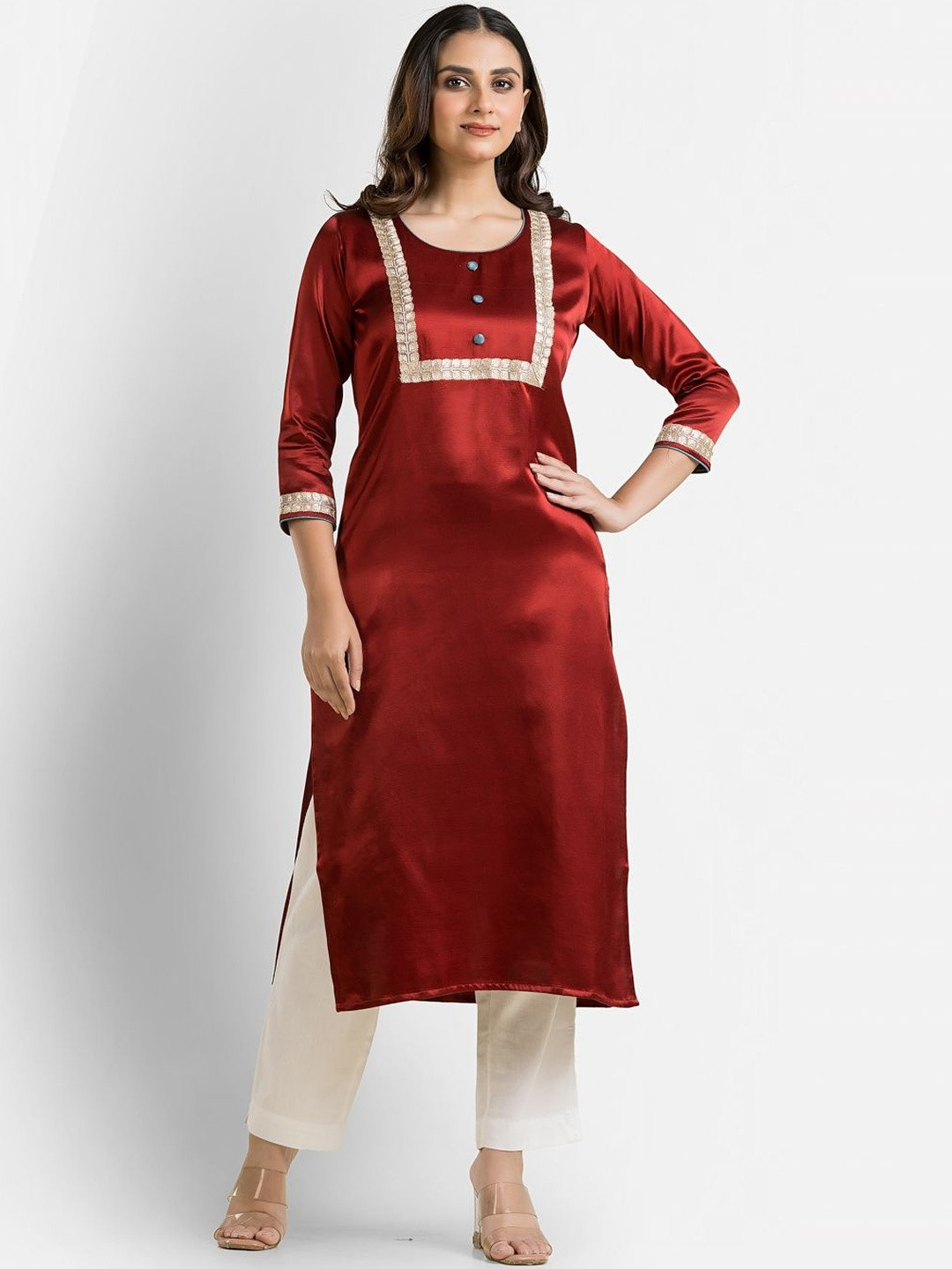 Crazy Needle Ethnic Motifs Yoke Design Patchwork Pure Silk Straight Kurta