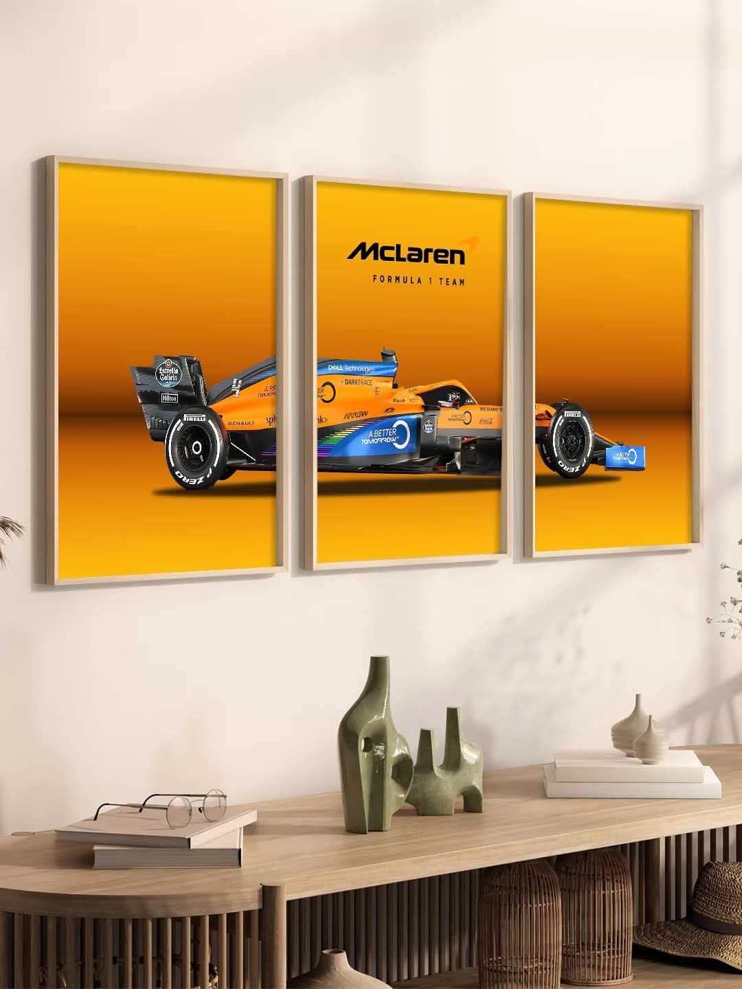 WALLLANE Orange And Blue 3 Pieces Wooden Sports Car Framed Wall Photographs