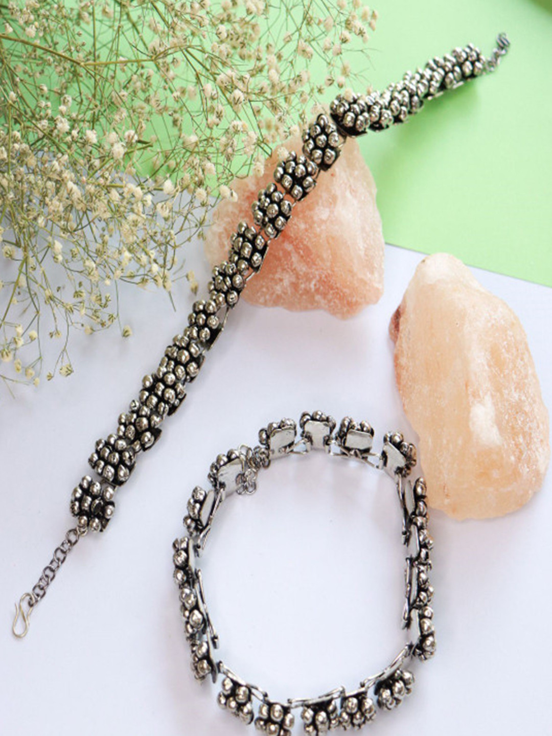 I Jewels Set of 2 Oxidised Silver-Plated Ghungroo Anklets