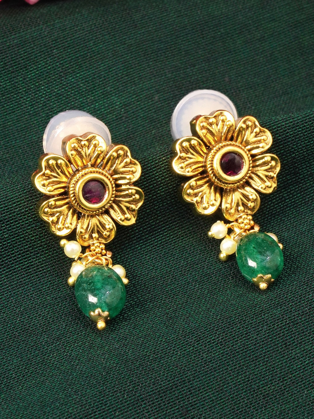 JAYPORE Gold-Plated Agate Studded Floral Drop Earrings