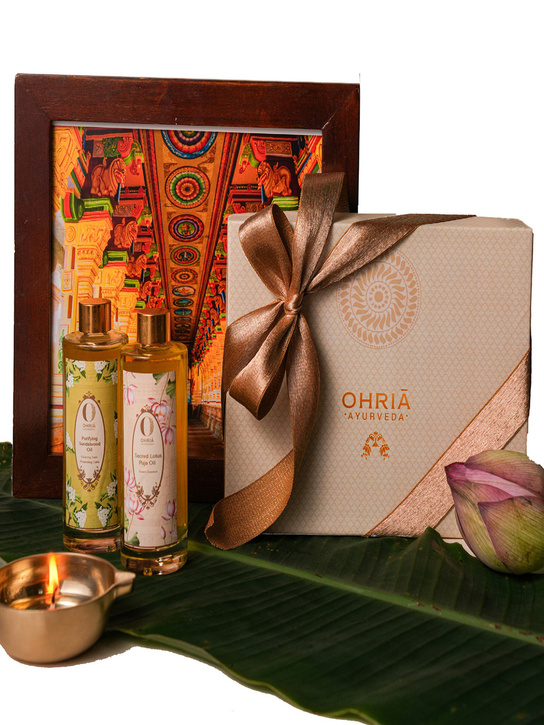 OHRIA AYURVEDA 2 Pcs Lotus Oil Divine Light With Brass Diya Puja Set