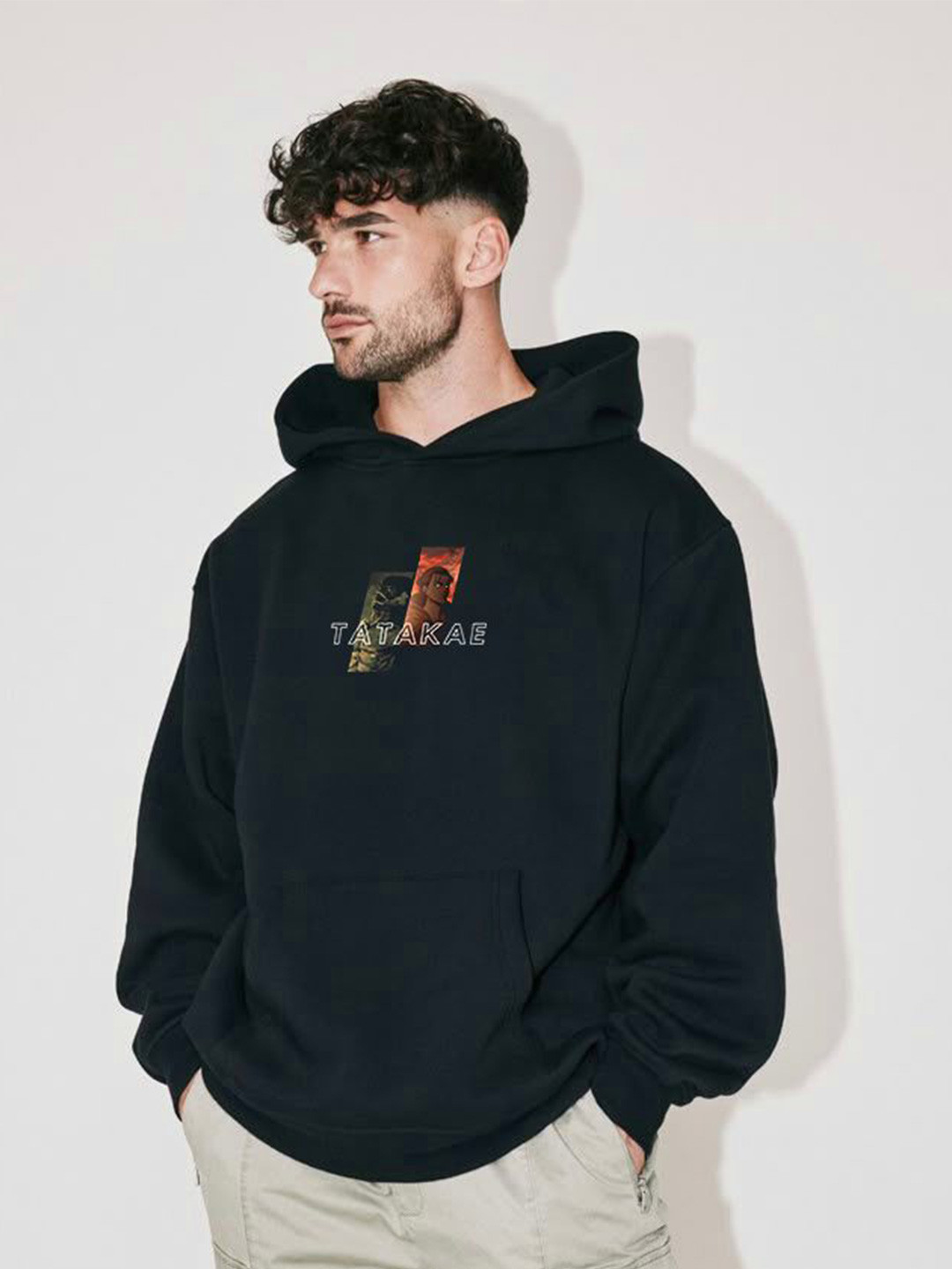 Stitchmeashirt Black Printed Oversized Hooded Sweatshirt
