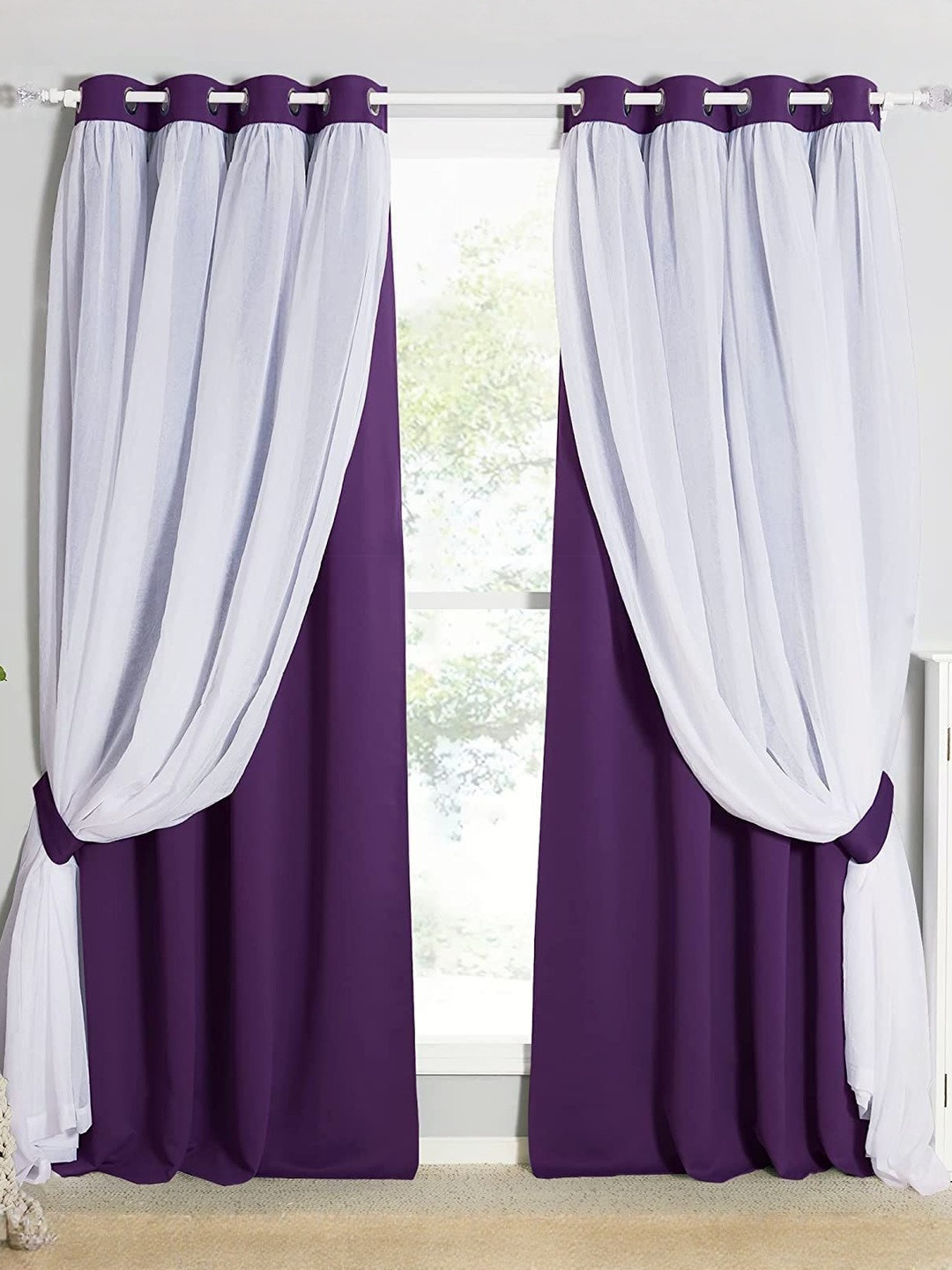 BFAM Purple & White 2 Pieces Black Out Thermal Insulated Door Curtains