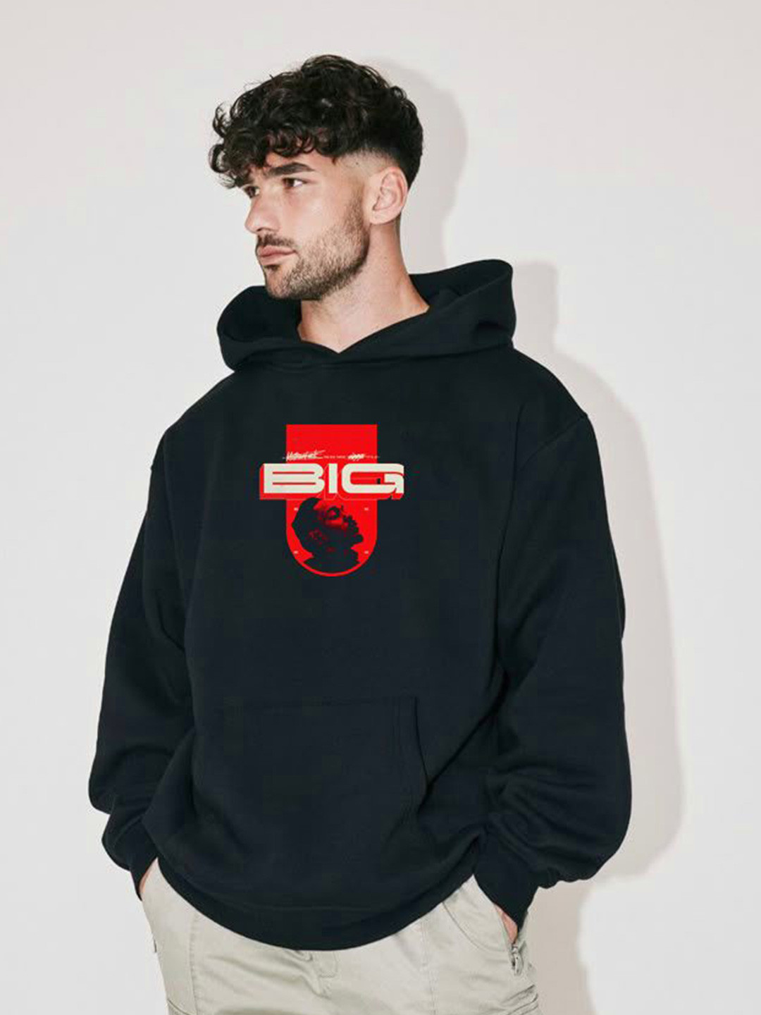 Stitchmeashirt Men Black Fleece Hooded Pullover Sweatshirt