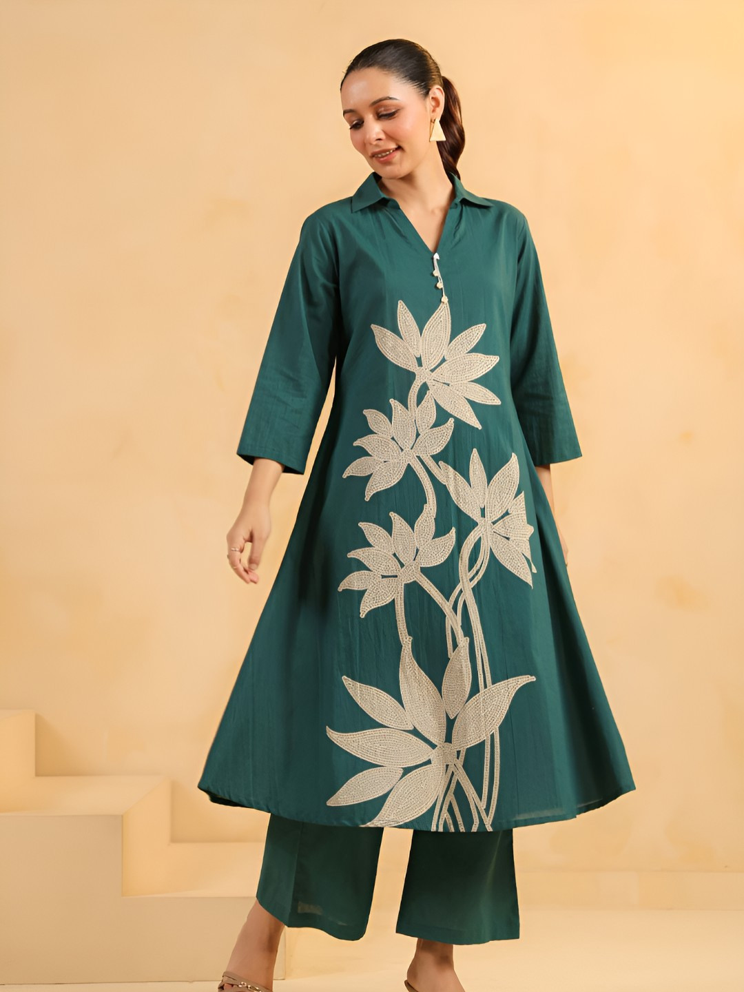 Kaftanize Floral Embroidered Thread Work A-Line Pure Cotton Kurta With Palazzo
