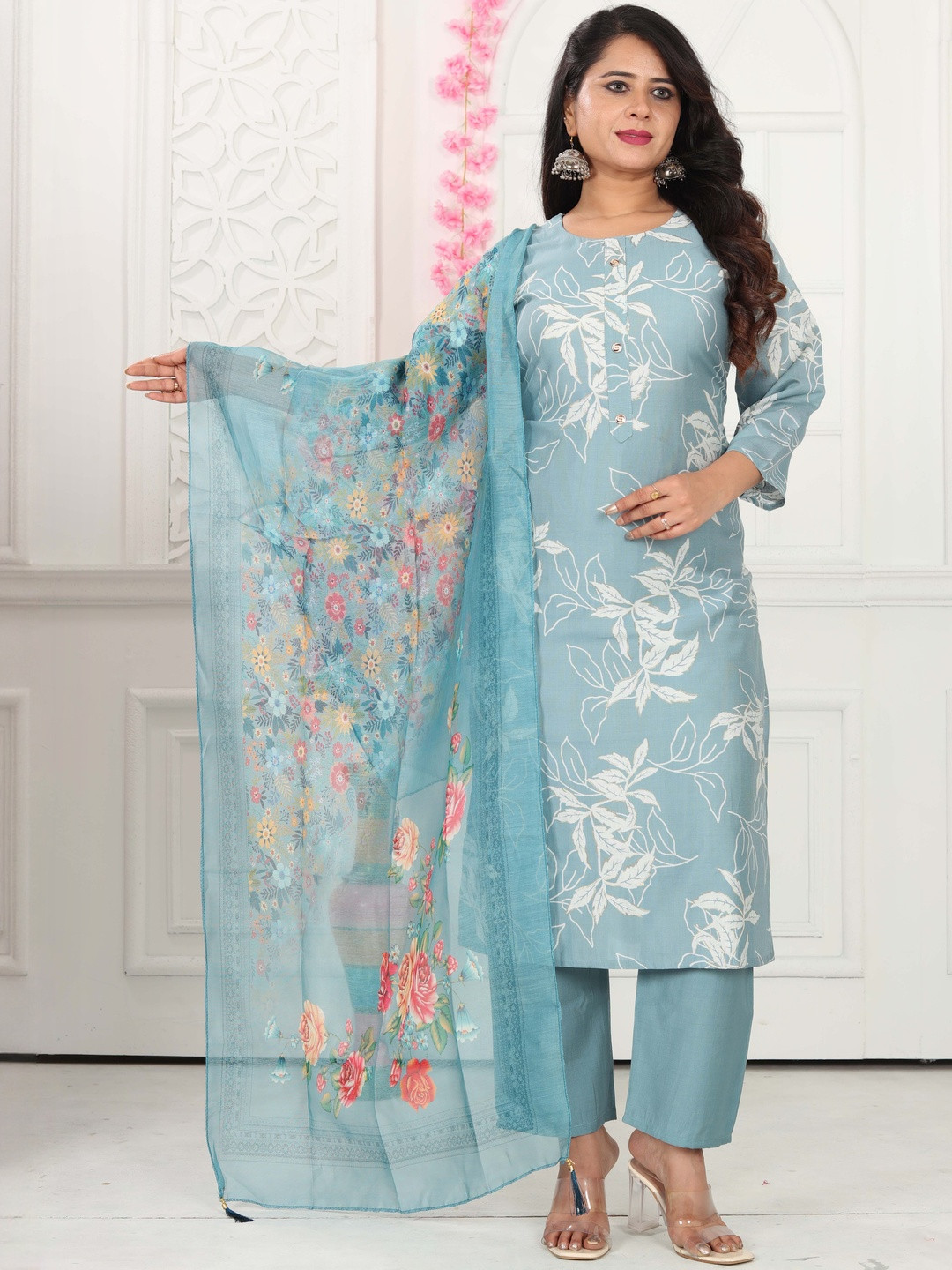 PickALook Floral Printed Cotton Silk Straight Kurta With Trousers & Dupatta