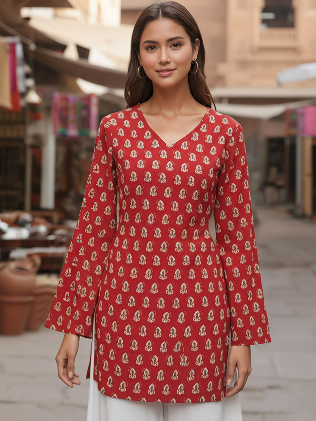 SZN Geometric Printed Flared Sleeves Indie Prints Straight Short Kurta