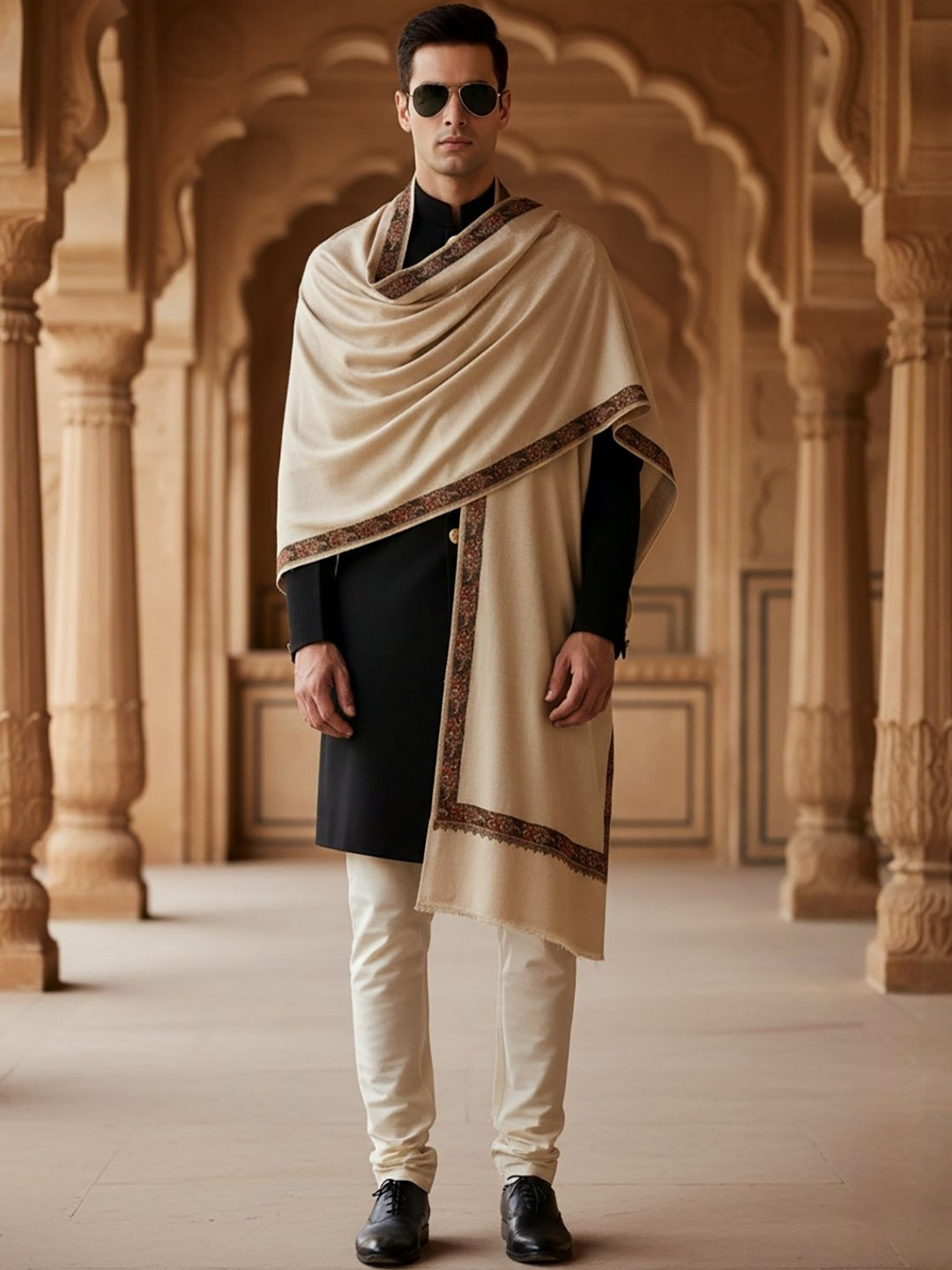 MUFFLY Floral Embroidered Border Woolen Shawl