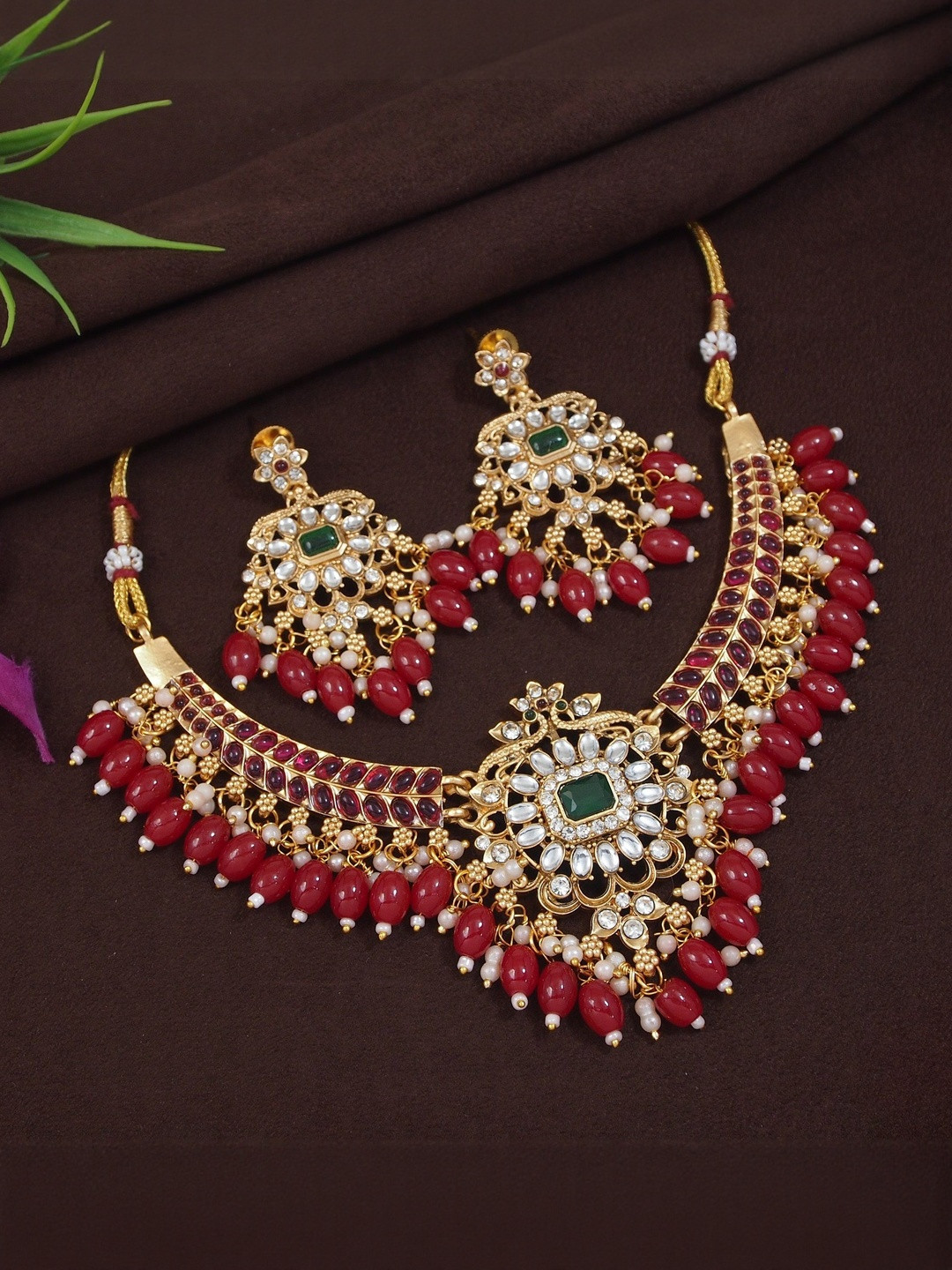 House of Pataudi Gold-Plated Ruby Kundan-Studded Pearl Beaded Jewellery Set