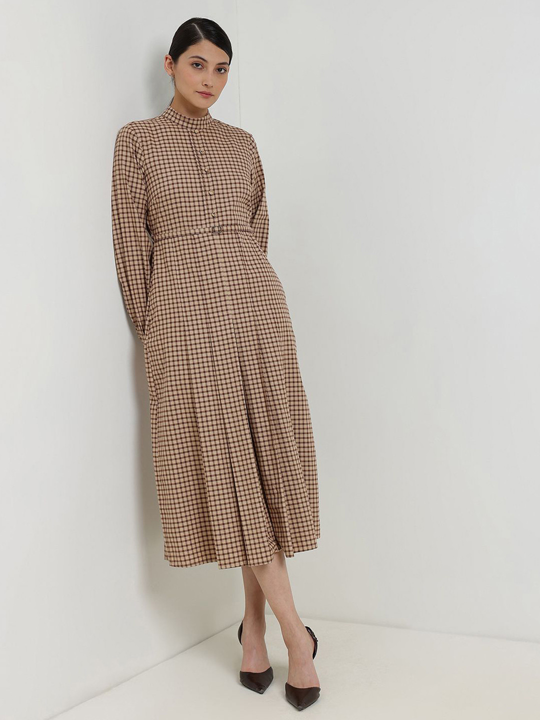 FableStreet Checked Bishop Sleeve Formal Fit & Flare Midi Dress