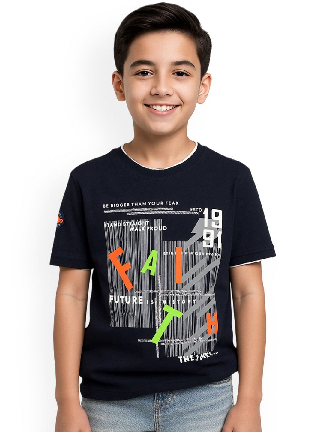 CAVIO Boys Navy Blue Typography Printed T-shirt