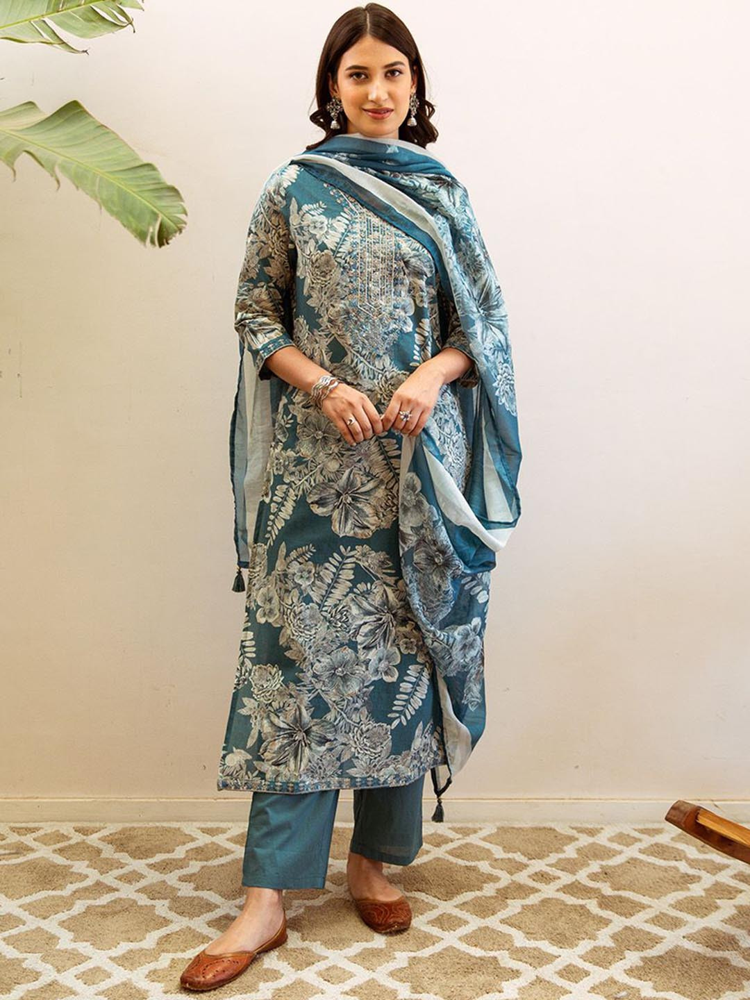 Kaftanize Floral Printed Straight Beads and Stones Kurta With Trouser & Dupatta