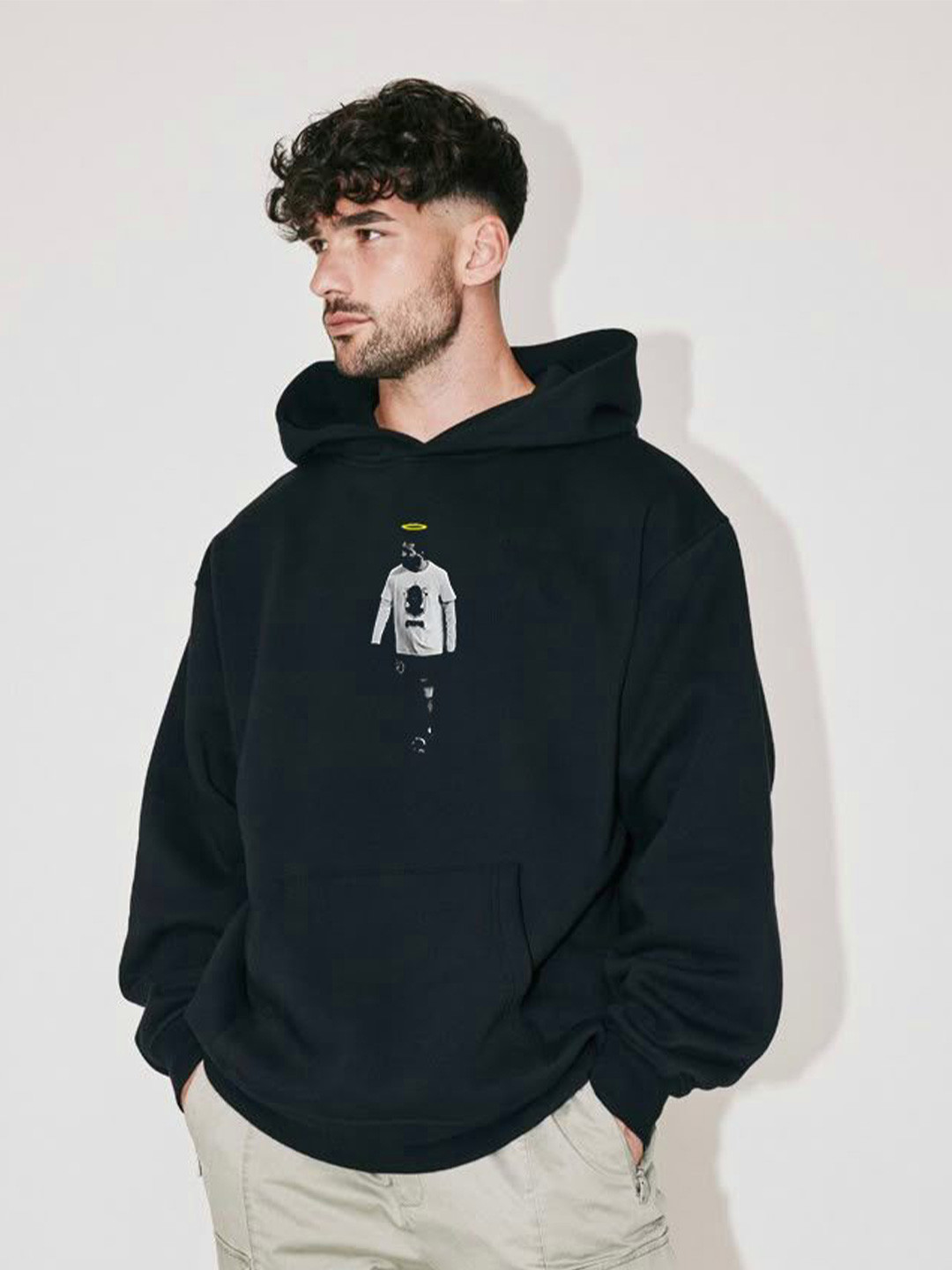 Stitchmeashirt Men Black Fleece Hooded Pullover Sweatshirt