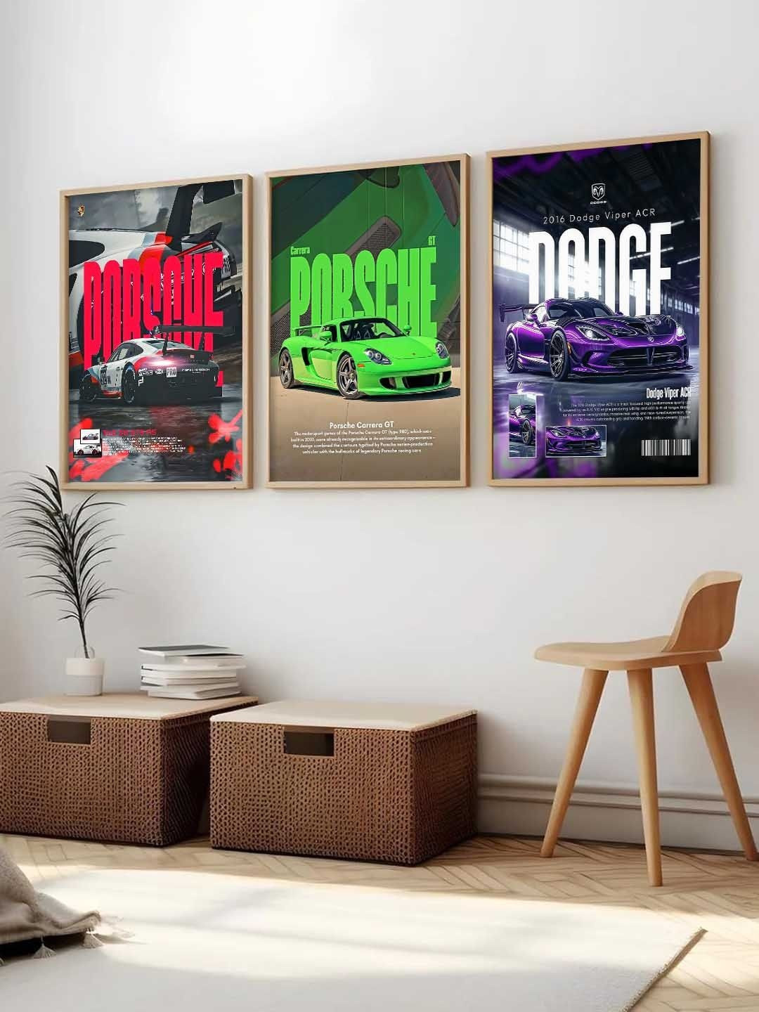 WALLLANE Red And Green 3 Pieces Wooden Sports Car Framed Wall Photographs