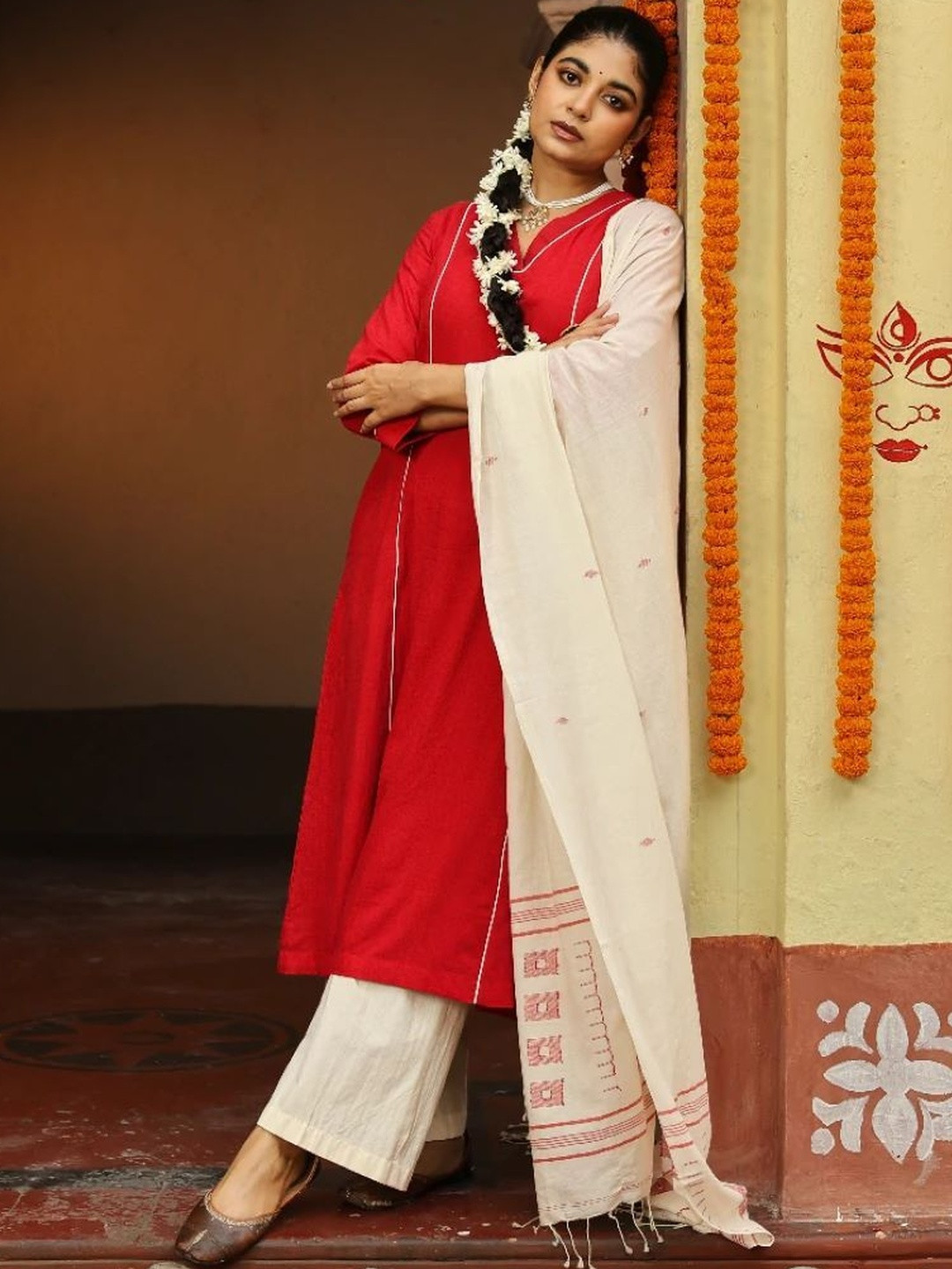 Sutra Art of Clothing Panelled Pure Cotton A-Line Kurta With Palazzos & Dupatta