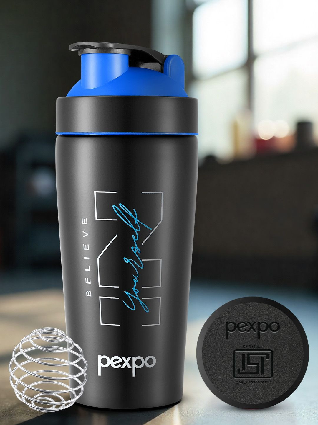 Pexpo Kayo Plus Black & Blue Printed Stainless Steel Single Wall Vacuum Gym Shaker-800 ml