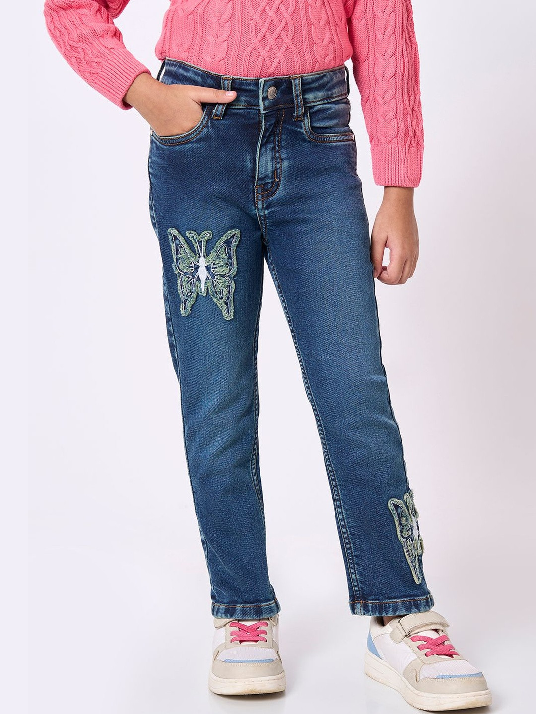 Ed-a-Mamma Girls Slim Fit Mid-Rise Butterfly-Applique Light Fade Stretchable Cotton Jeans