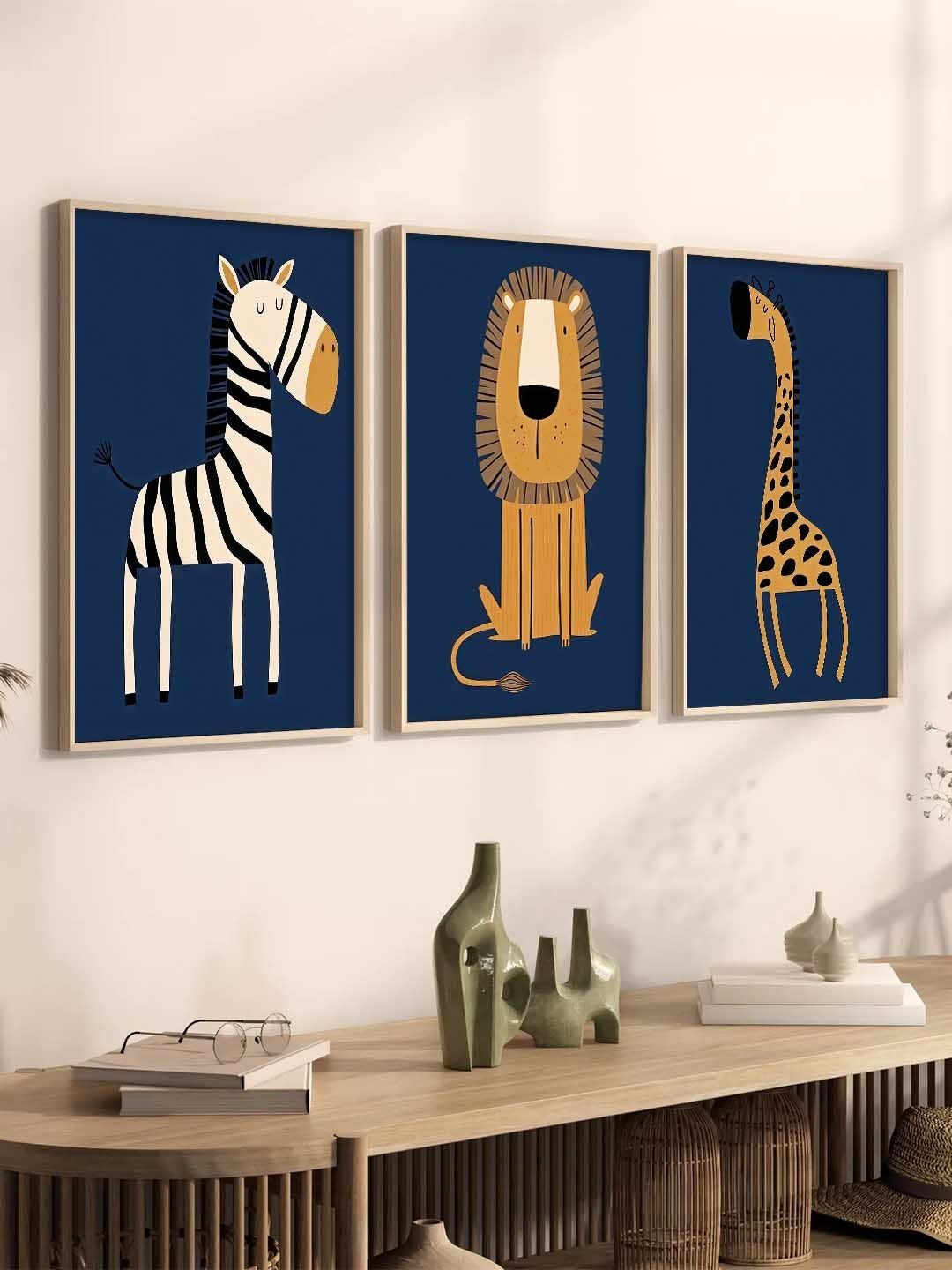 Kotart Navy Blue & Orange 3 Pieces Cartoon Art Wooden Rectangle Wall Arts