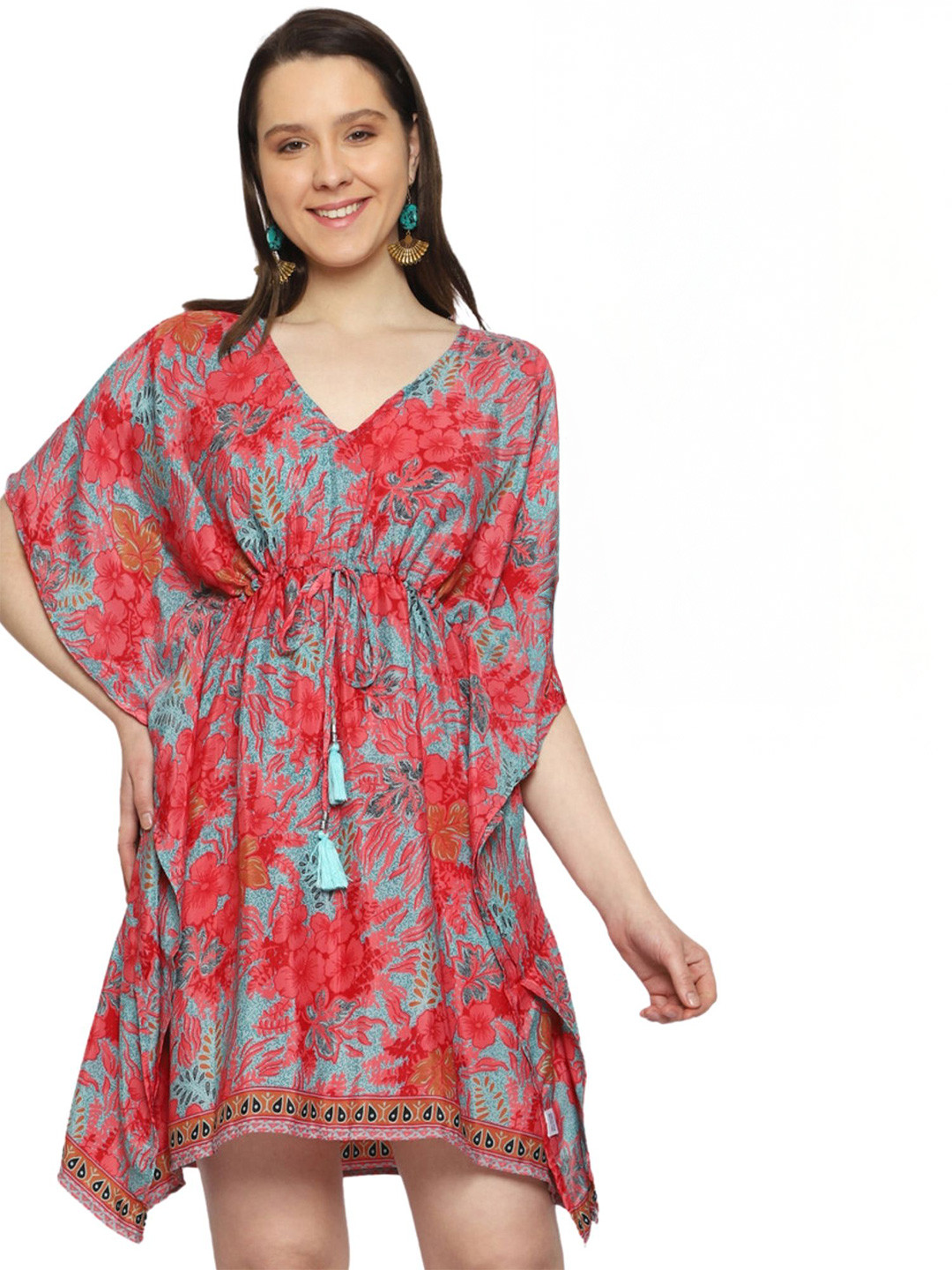 GALE GIRLS Floral Print Batwing Sleeve Kaftan Mini Dress