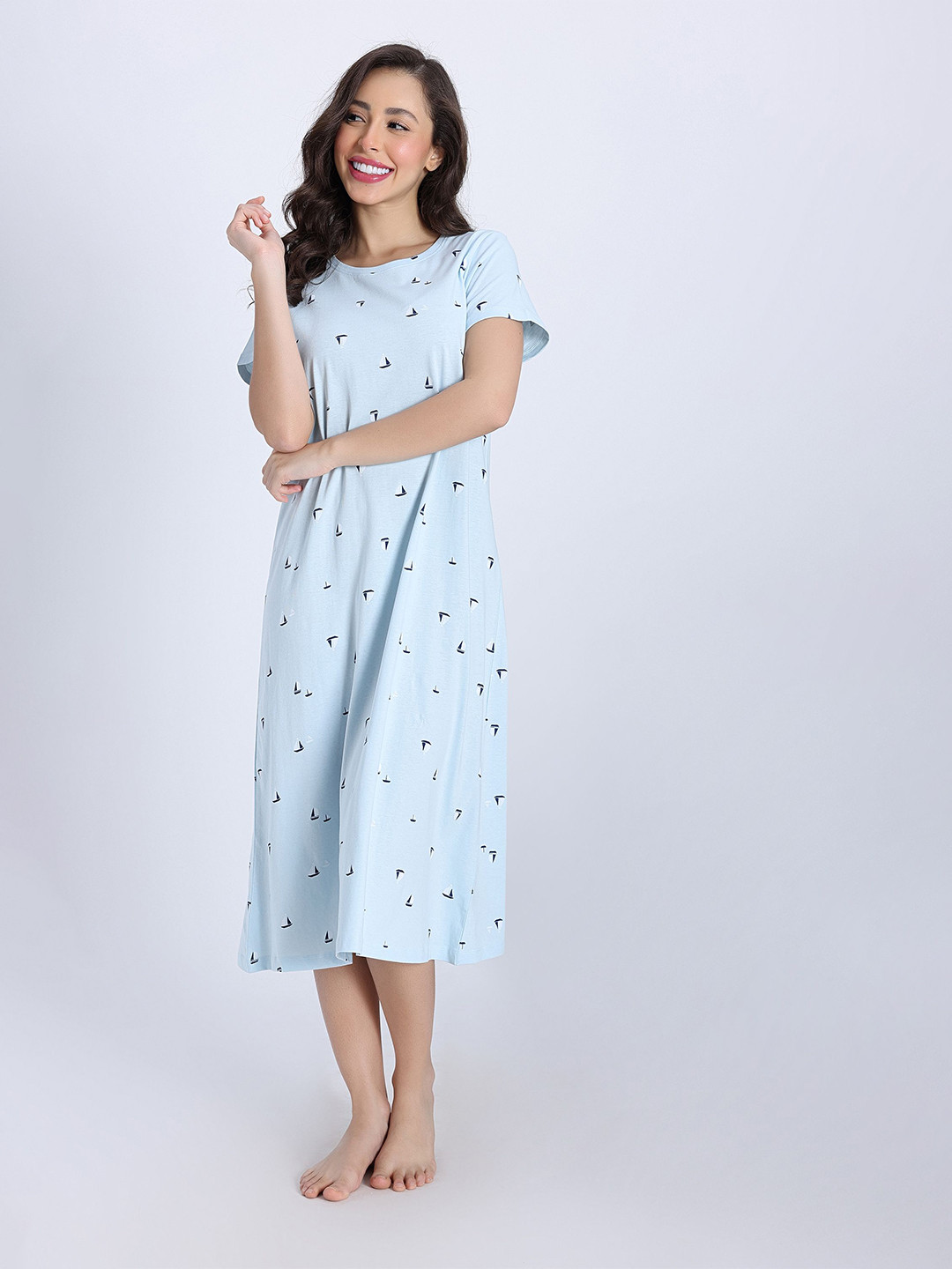 Zivame Printed Short Sleeves Round Neck Midi Nightdress