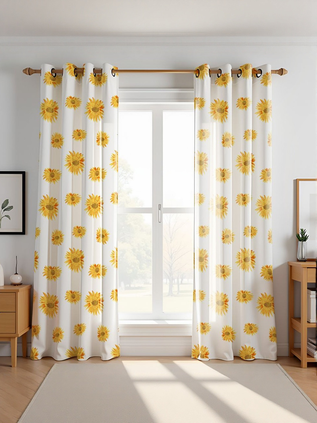 HOMEMONDE Yellow & White Pack of 2 Sunflower Printed Cotton Room Darkening Door Curtains