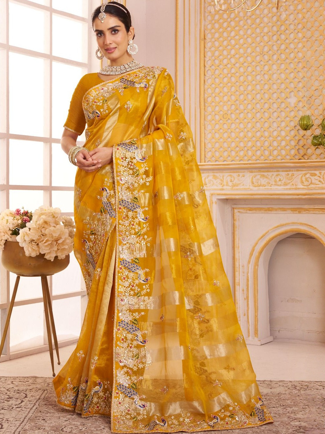 Laxmipati Ethnic Motifs Embroidered Tissue Saree With Floral Embroidered Border