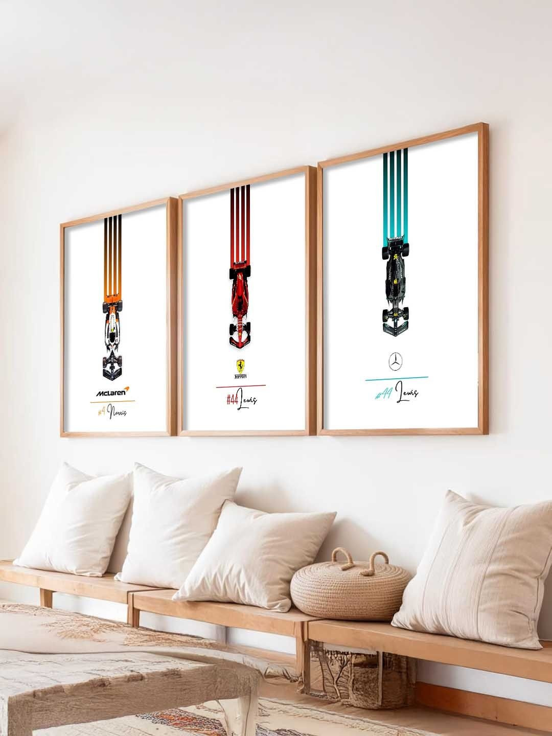 WALLLANE White And Red 3 Pieces Wooden Sports Car Framed Wall Photographs