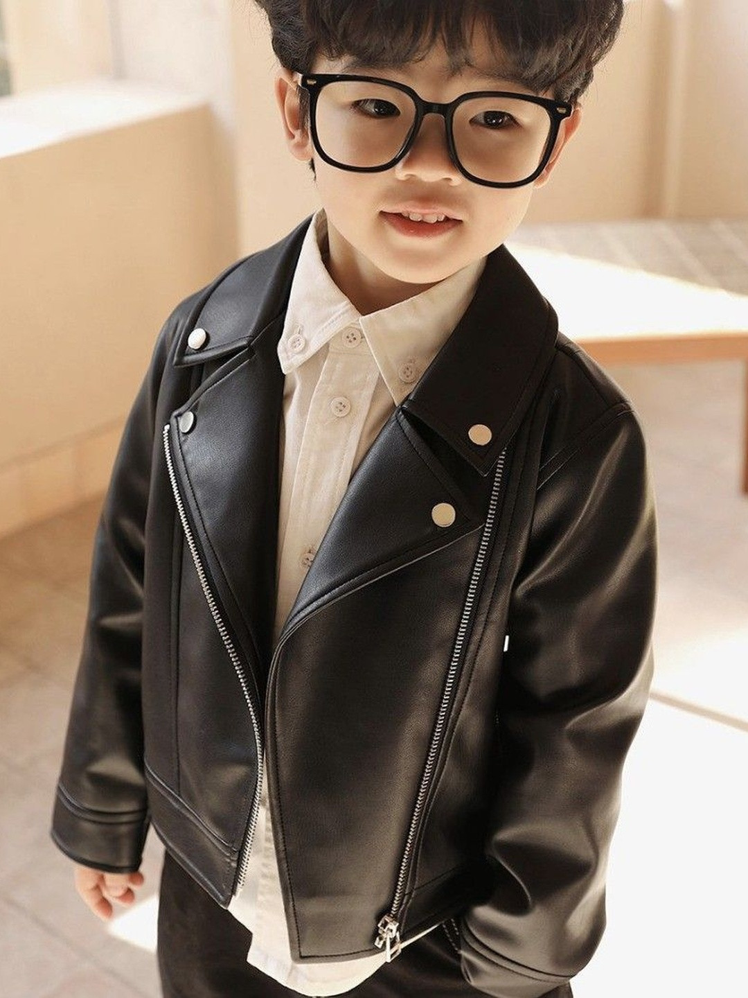 YK Kids Unisex Lapel Collar Solid Biker Jacket