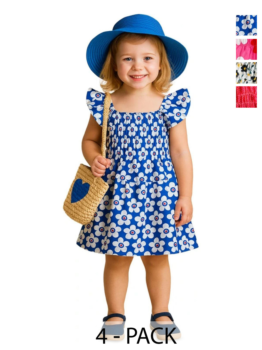 PINZON Girls Pack of 4 Floral Print Flutter Sleeve Fit & Flare Dress