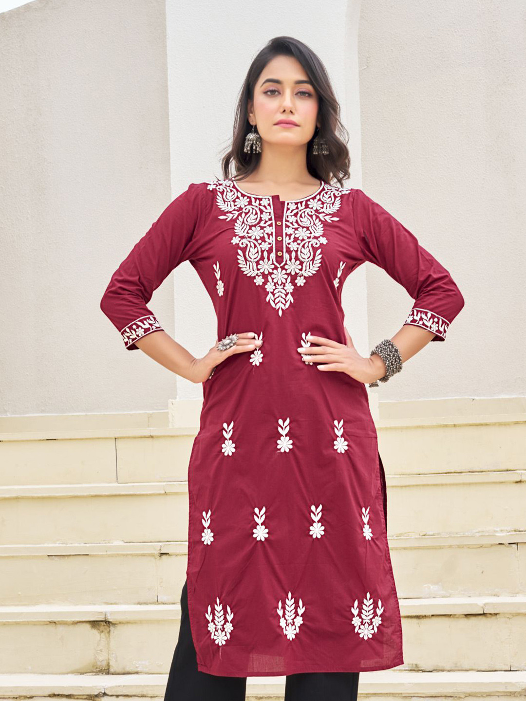 Kaftanize Women Intricate White Thread Placement Floral Embroidered Ethnic Kurta