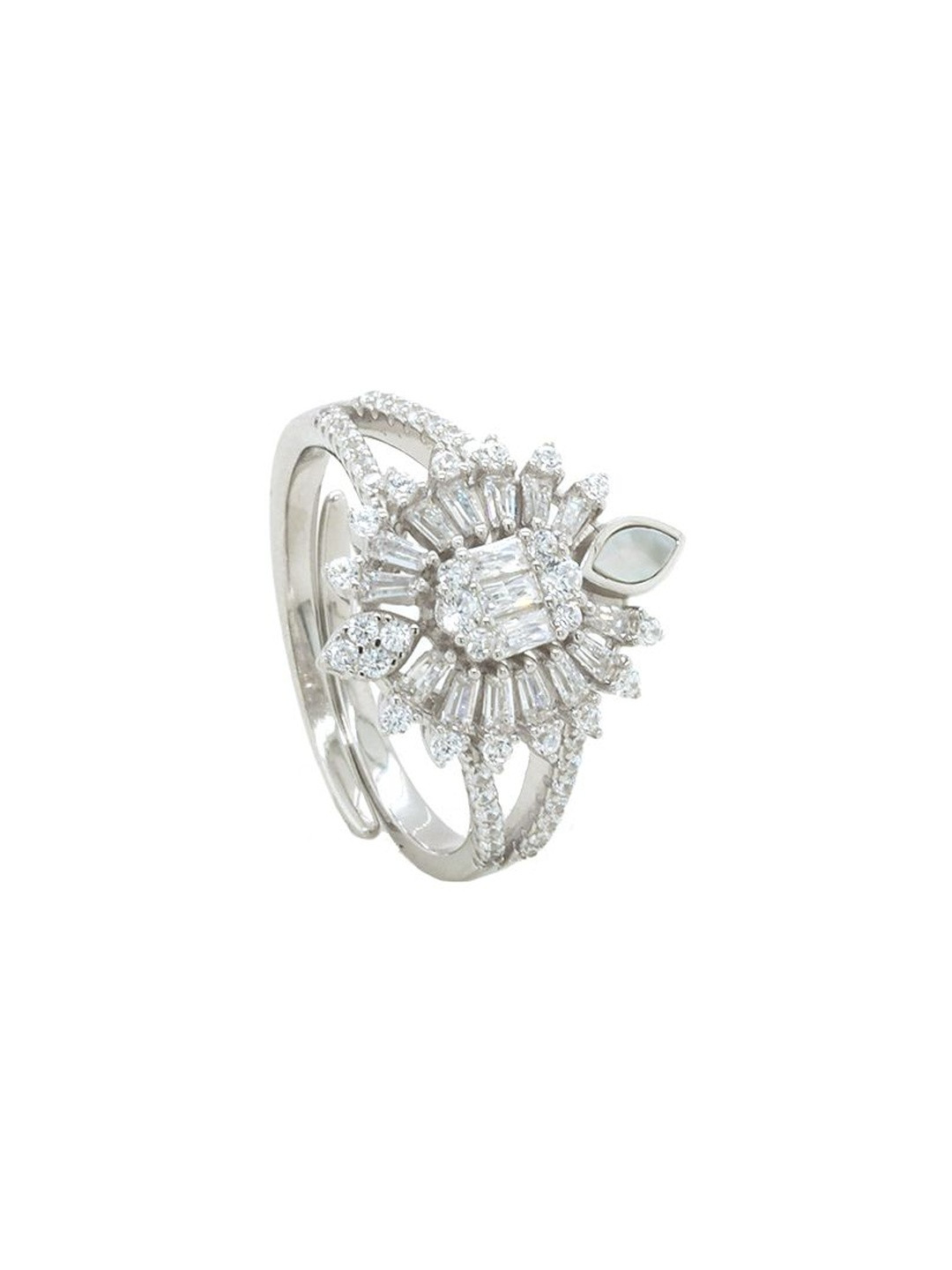 Eri Sterling Silver-Plated Zirconia Studded Adjustable Finger Ring